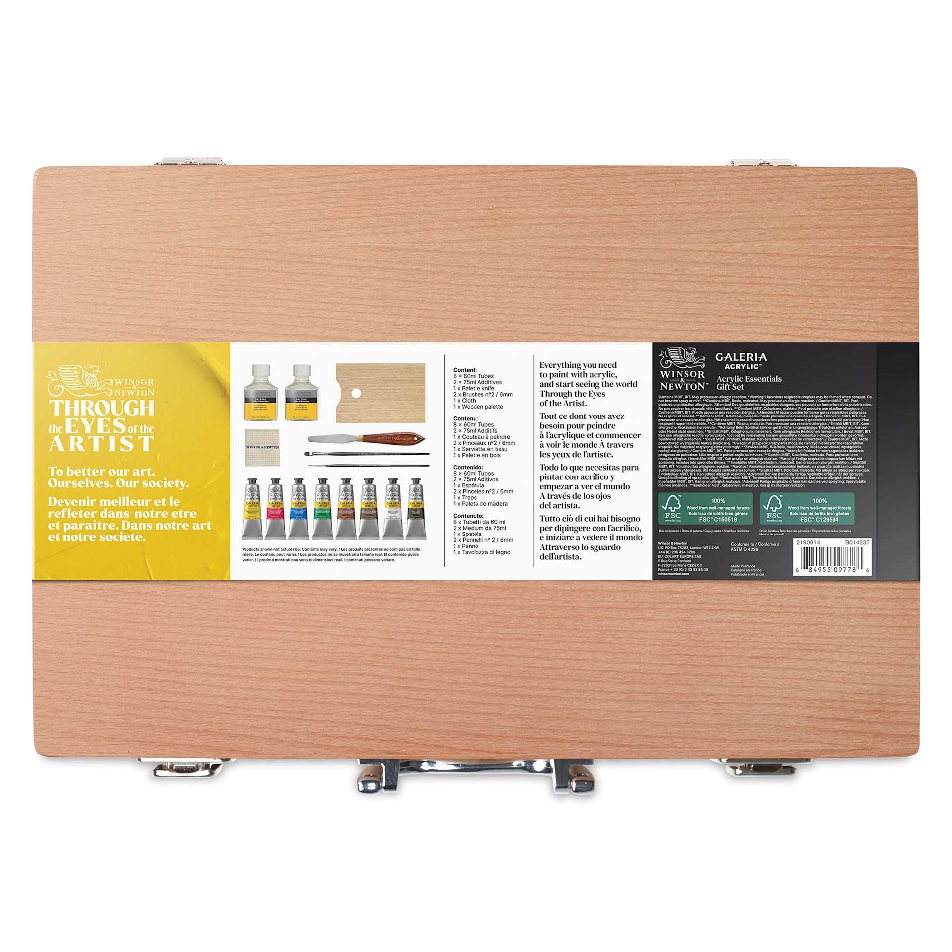 Winsor & Newton Galeria Acrylic Paint - Set of 15, Wood Box, Essential Colors bottom of box