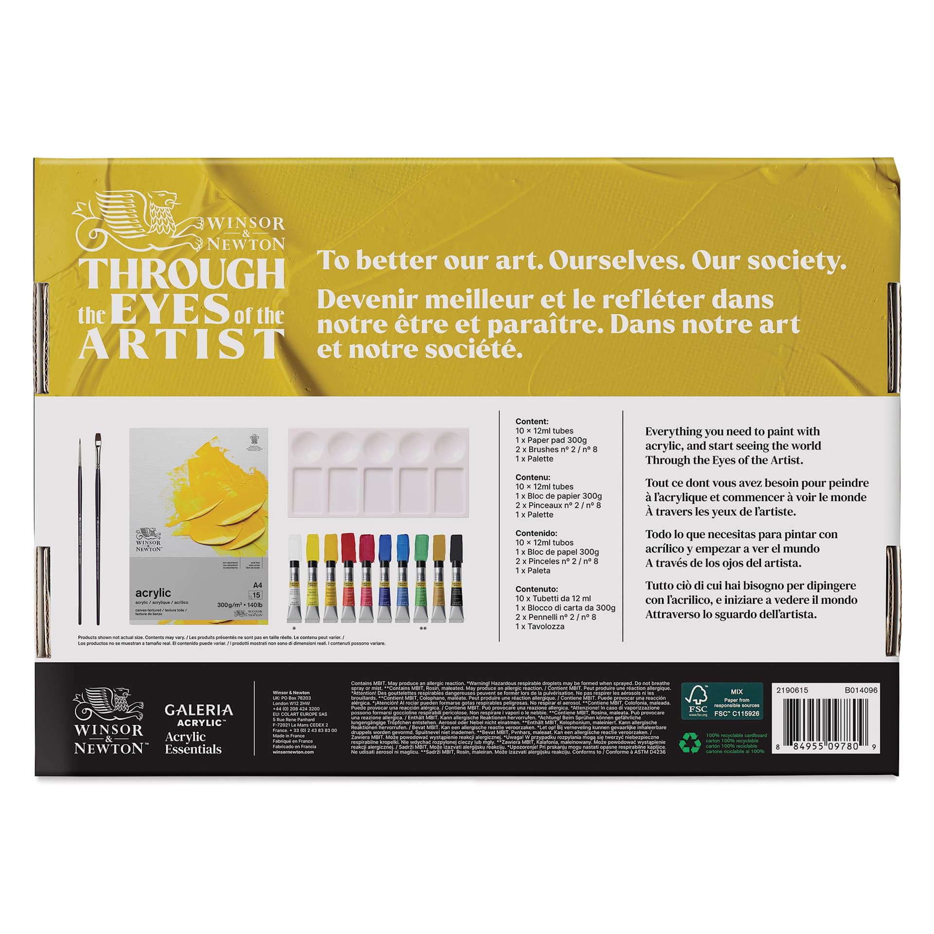 Winsor & Newton Galeria Acrylic Paint - Set of 14, Essential Colors back of package