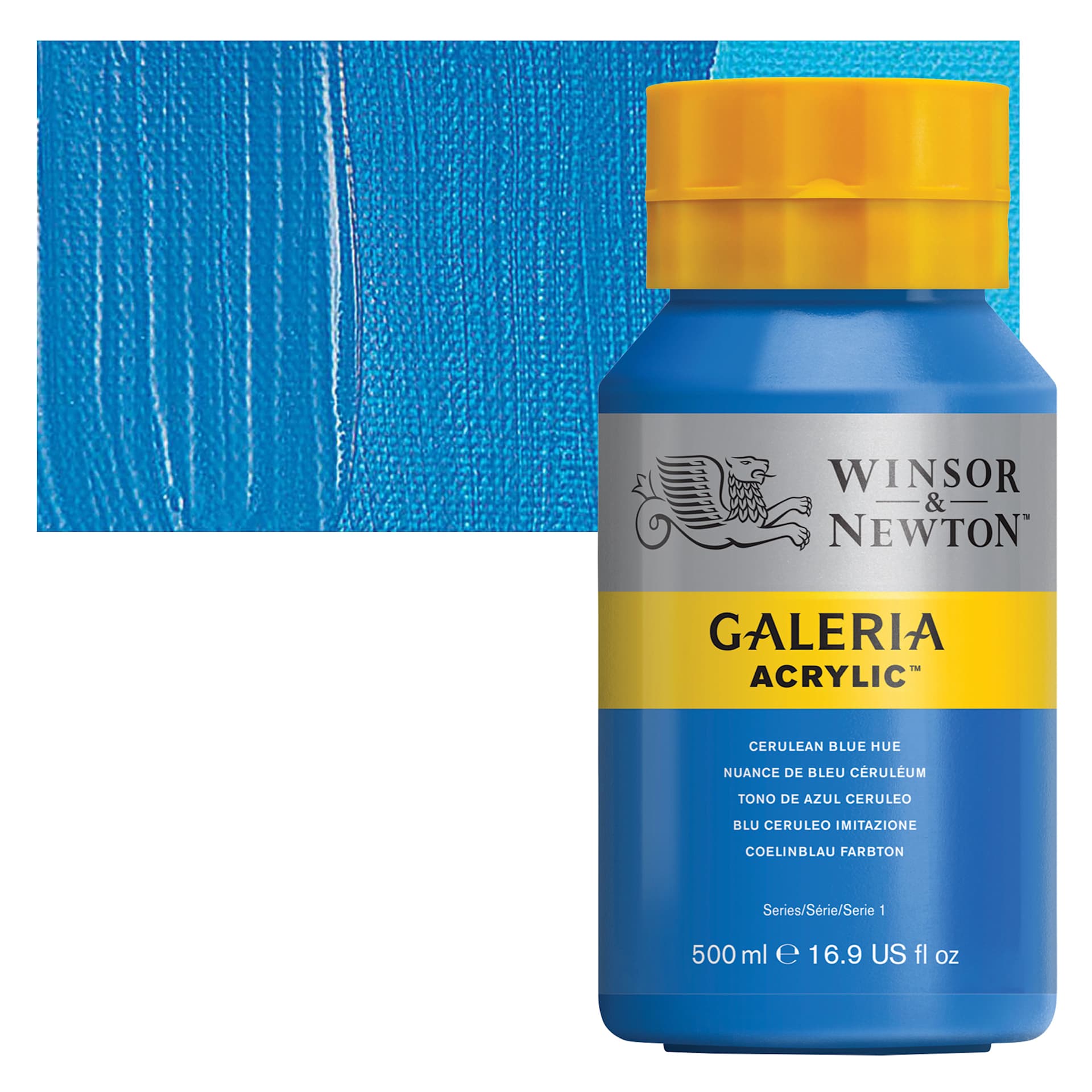 Winsor & Newton Galeria Flow Acrylic - Cerulean Blue Hue, 500 ml tube and swatch