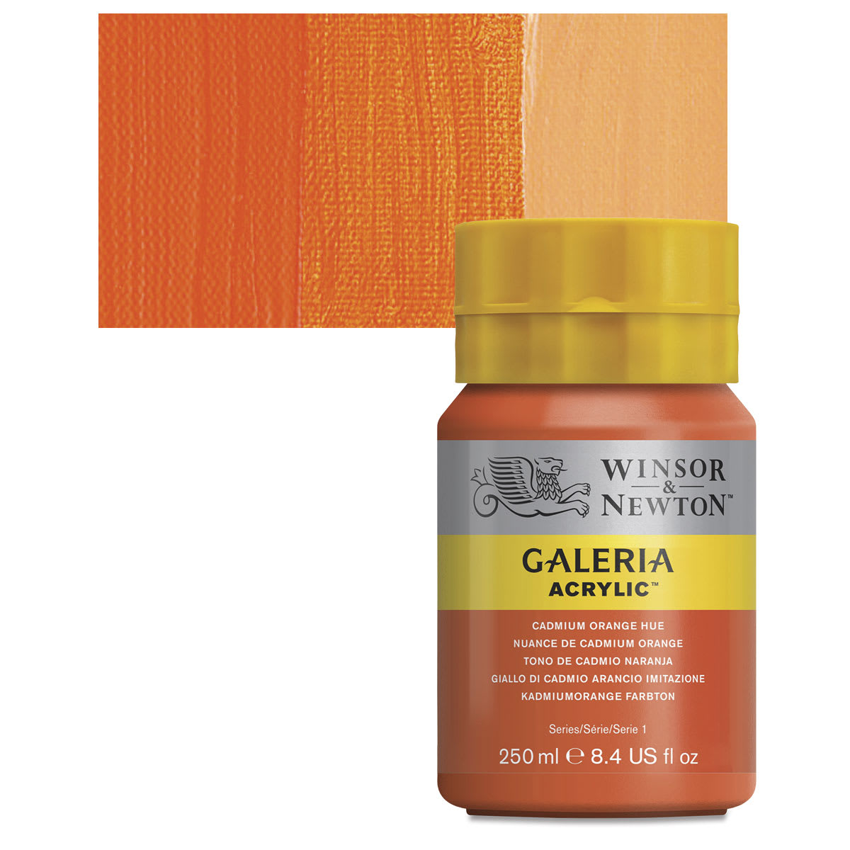 Winsor & Newton Galeria Flow Acrylic - Cadmium Orange Hue, 250 ml tube and swatch