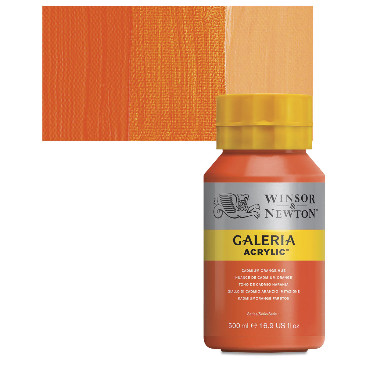 Winsor & Newton Galeria Flow Acrylic - Cadmium Orange Hue, 500 ml tube and swatch