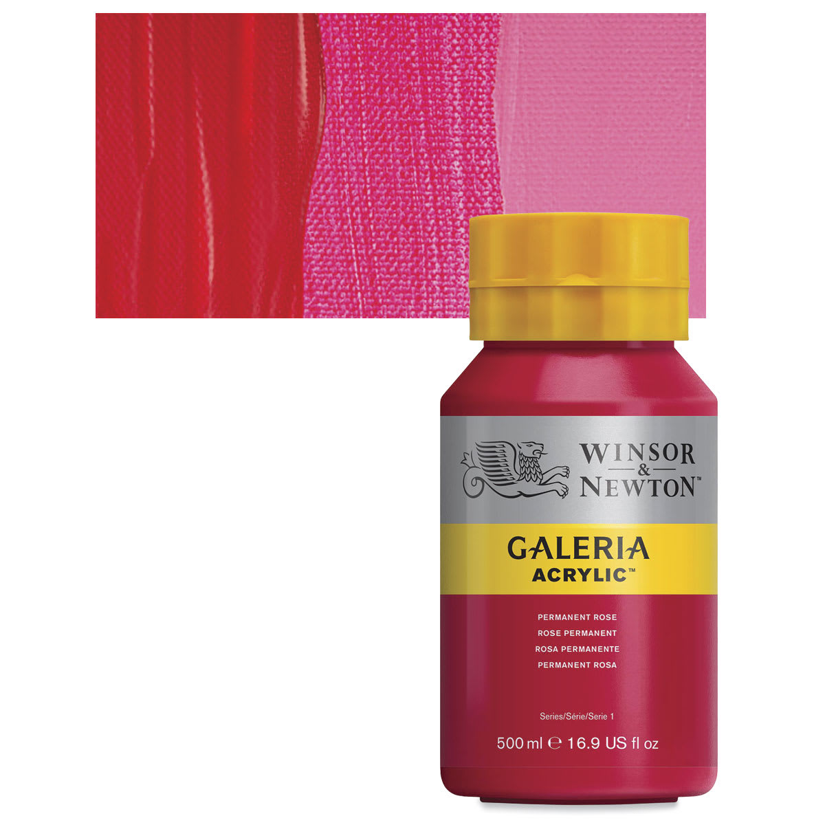 Winsor & Newton Galeria Flow Acrylic - Permanent Rose, 500 ml tube and swatch