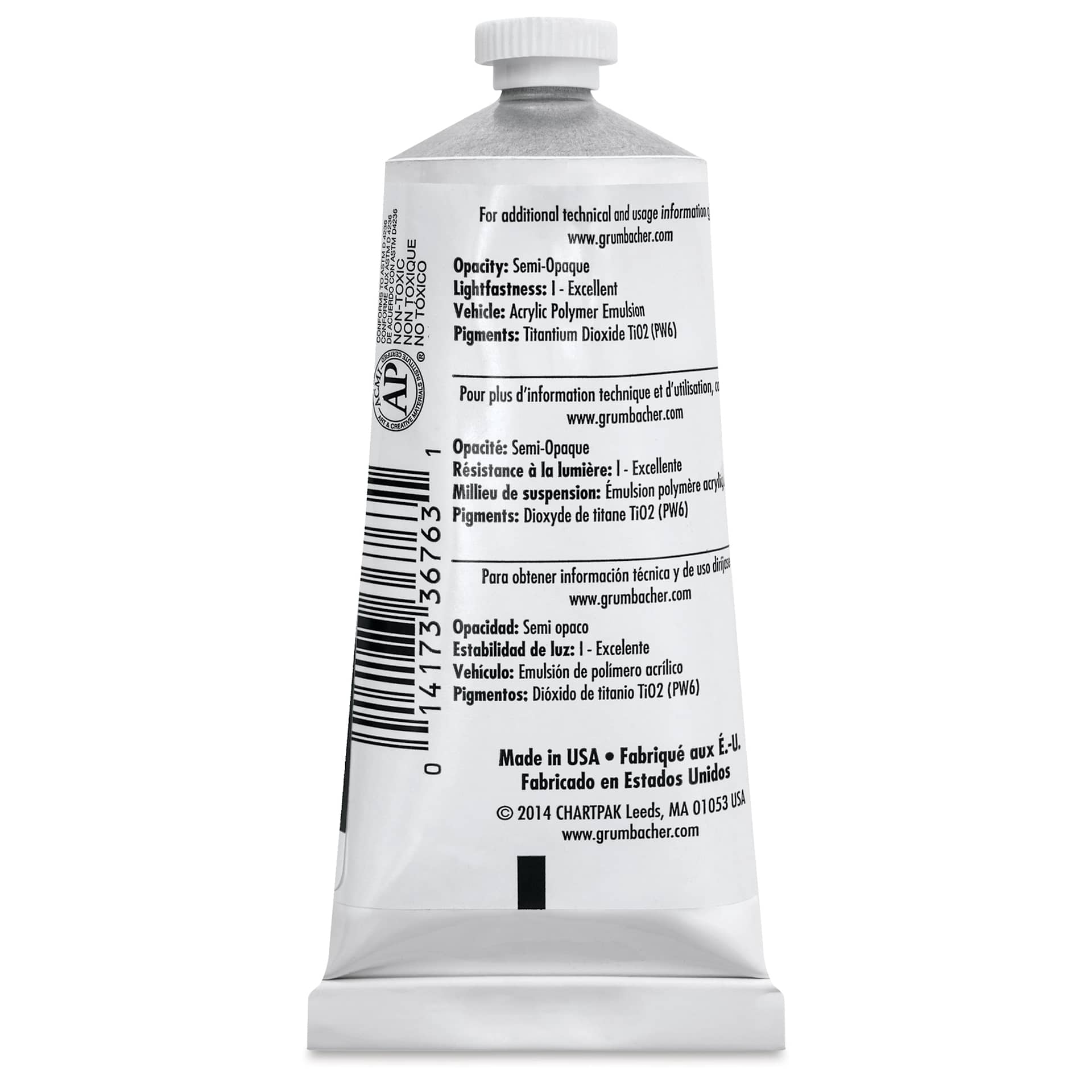 Grumbacher Academy Acrylic - Unbleached Titanium White, 90 ml tube back
