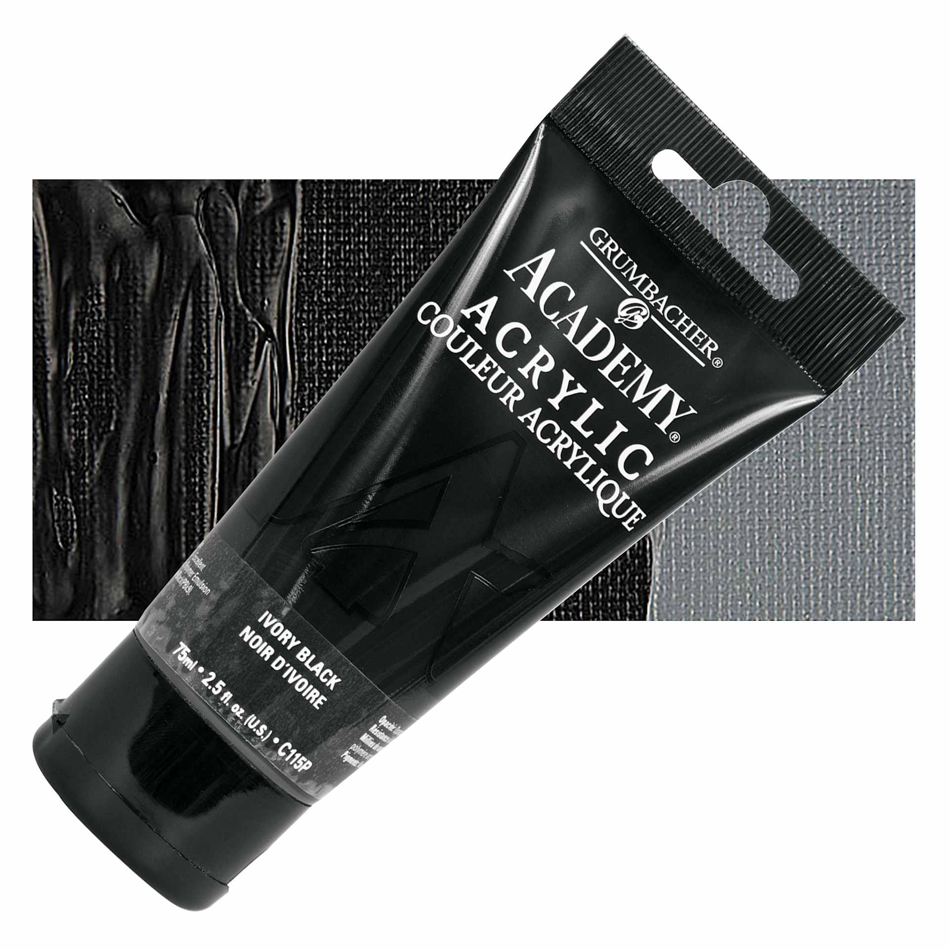 Grumbacher Academy Acrylic - Ivory Black, 75 ml tube and swatch