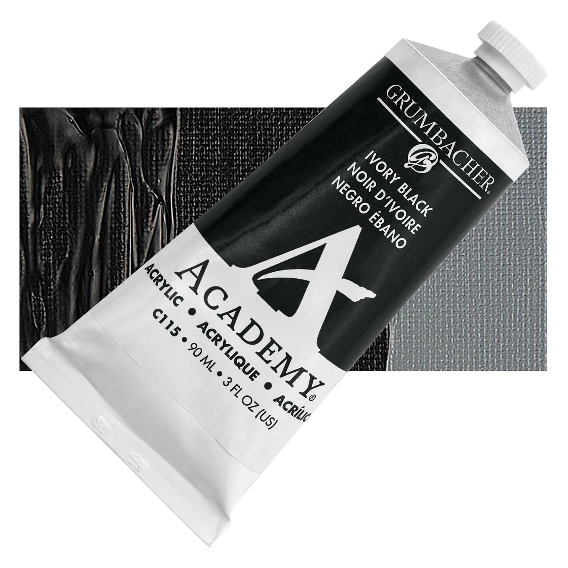 Grumbacher Academy Acrylic - Ivory Black, 90 ml tube and swatch