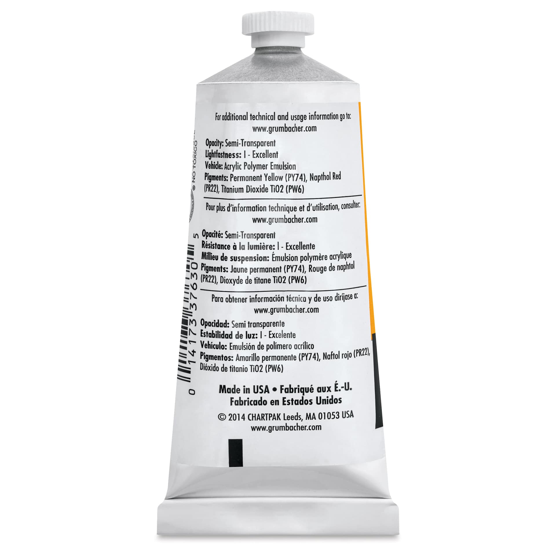 Grumbacher Academy Acrylic - Cadmium Yellow Deep Hue, 90 ml tube back