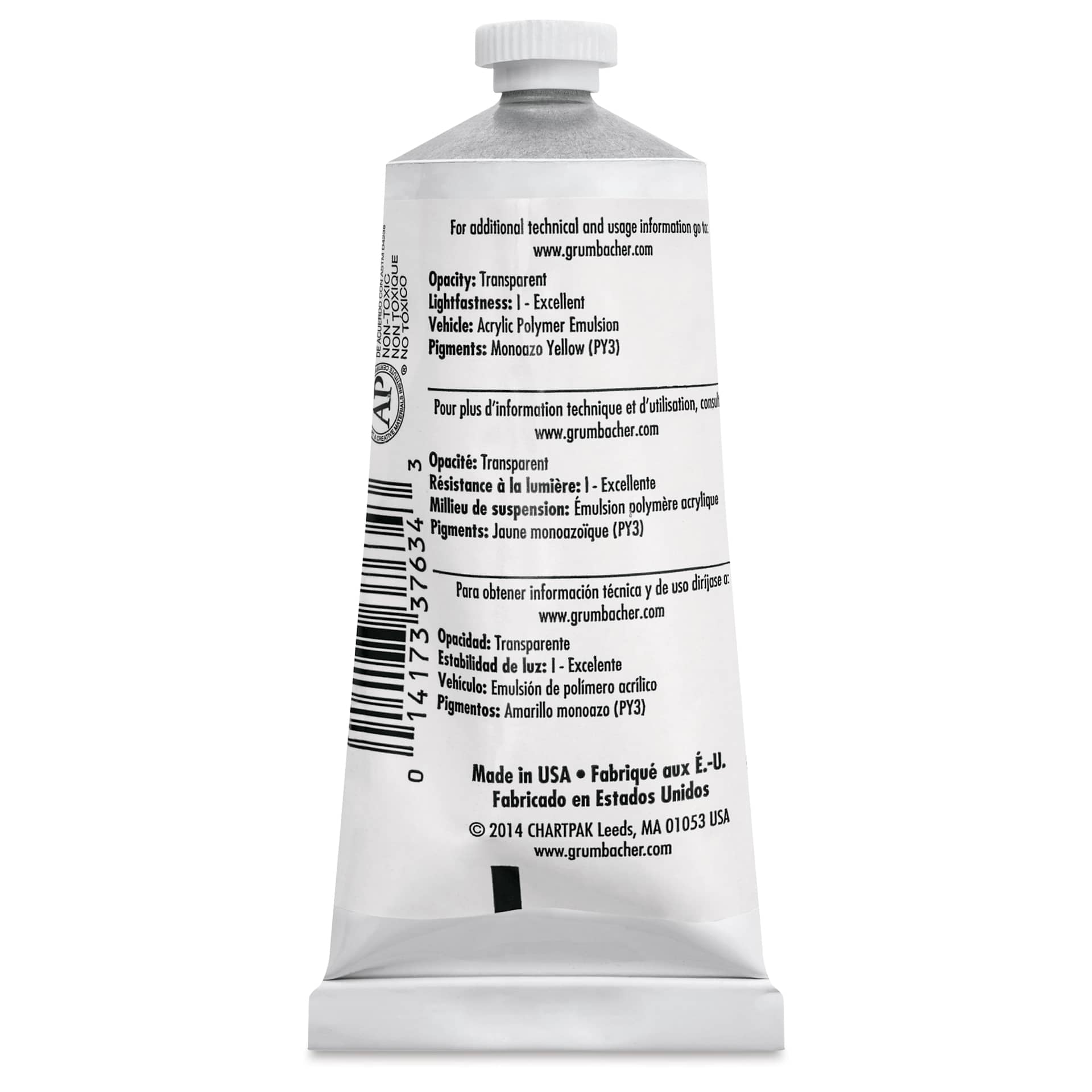 Grumbacher Academy Acrylic - Lemon Yellow, 90 ml tube back