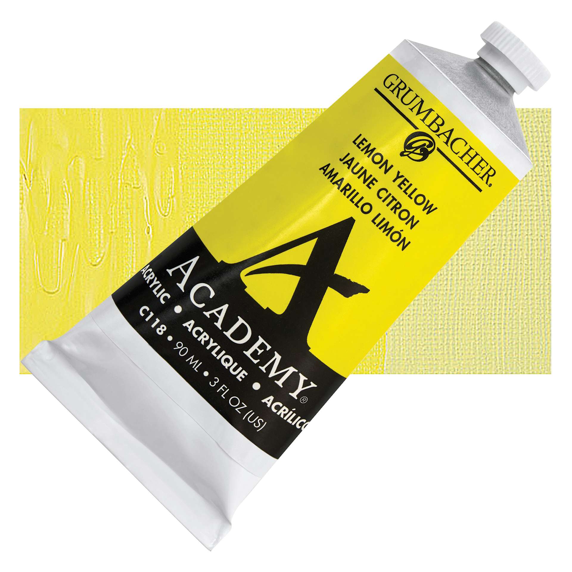 Grumbacher Academy Acrylic - Lemon Yellow, 90 ml tube and swatch