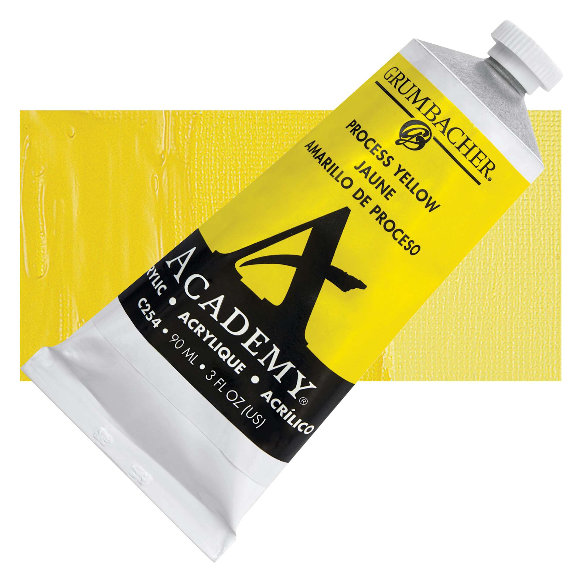 Grumbacher Academy Acrylic - Process Yellow, 90 ml tube and swatch