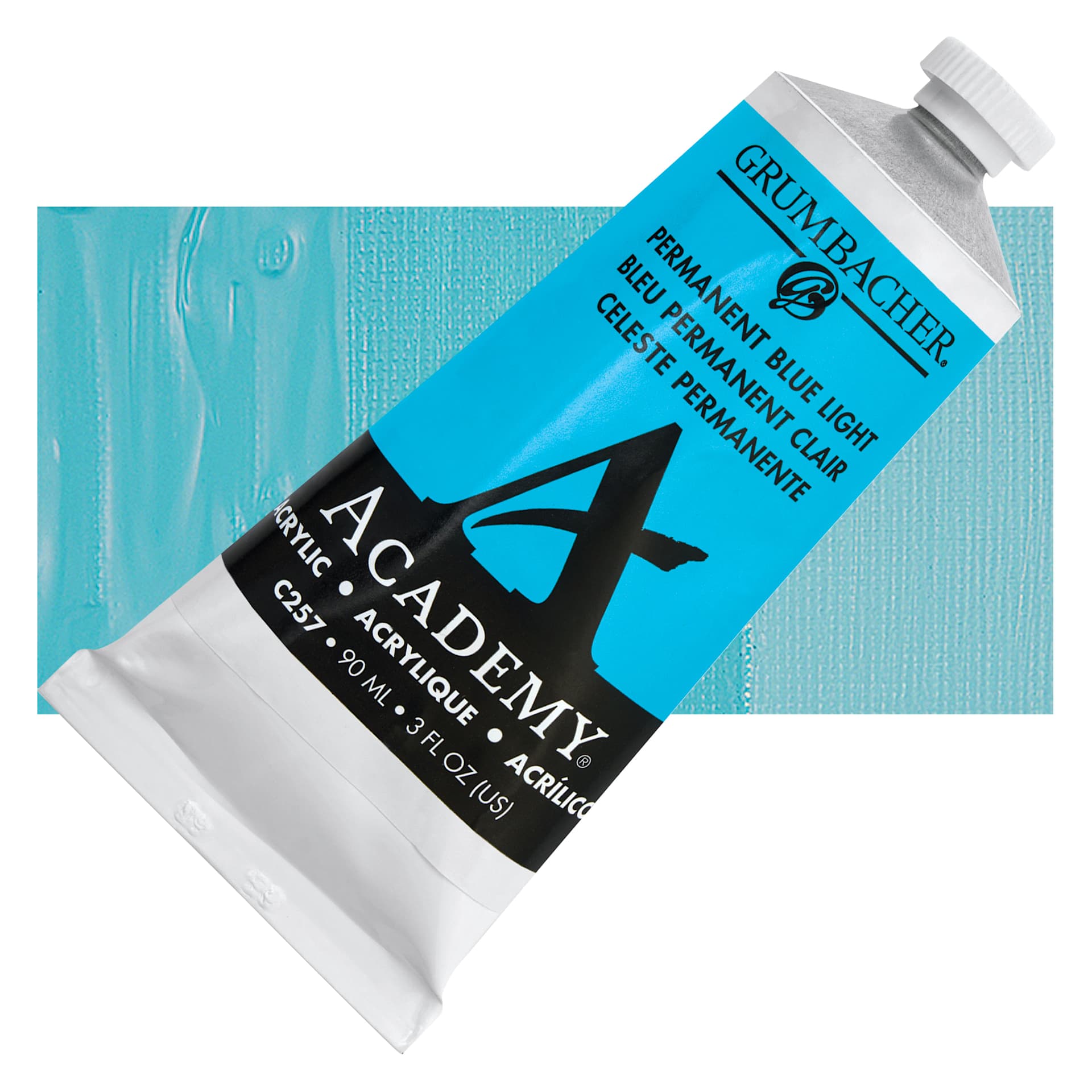 Grumbacher Academy Acrylic - Permanent Blue Light, 90 ml tube and swatch