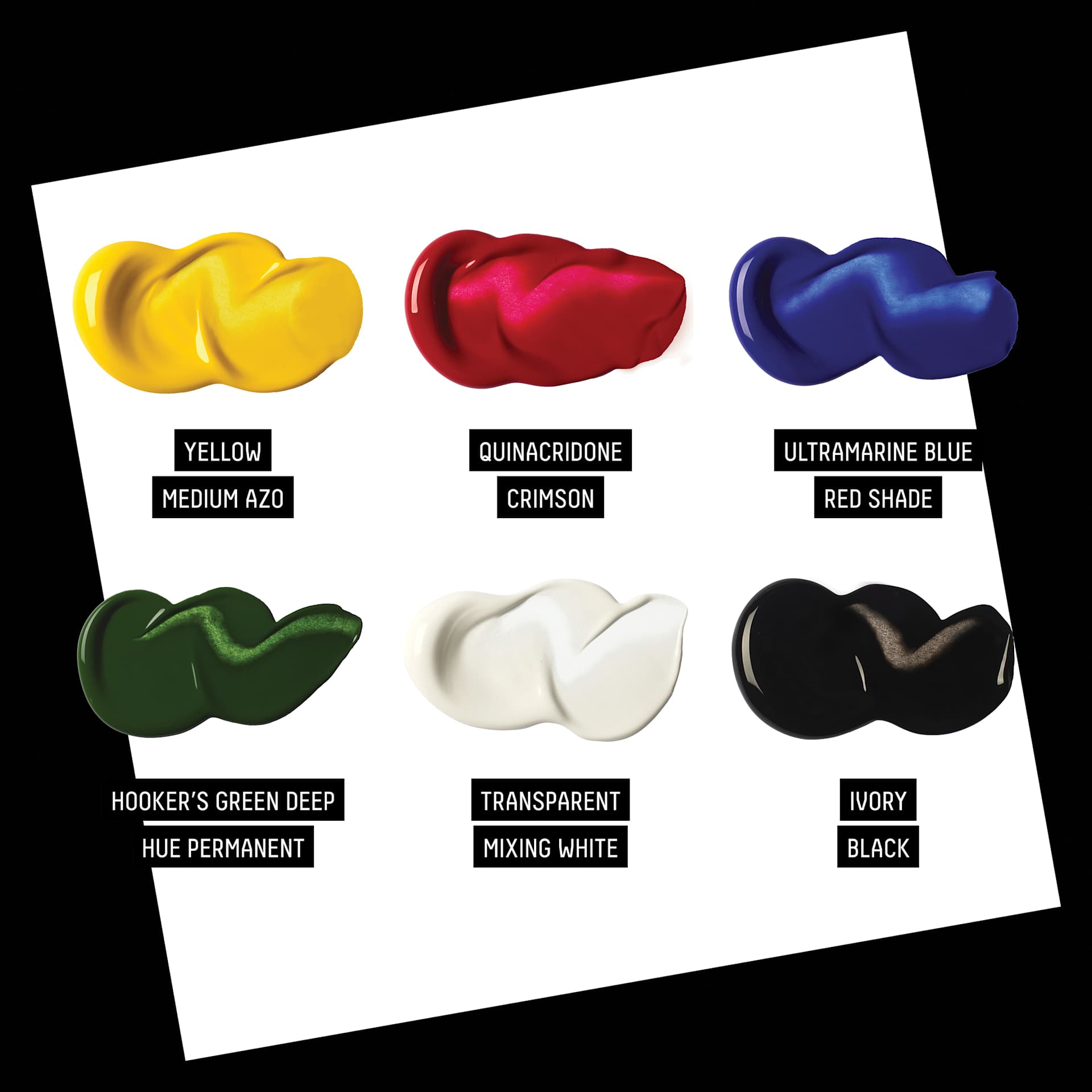 Yellow Medium Azo. Quinacridone Crimson. Ultramarine Blue Red Shade. Hooker's Green Deep Hue Permanent. Transparent Mixing White. Ivory Black.