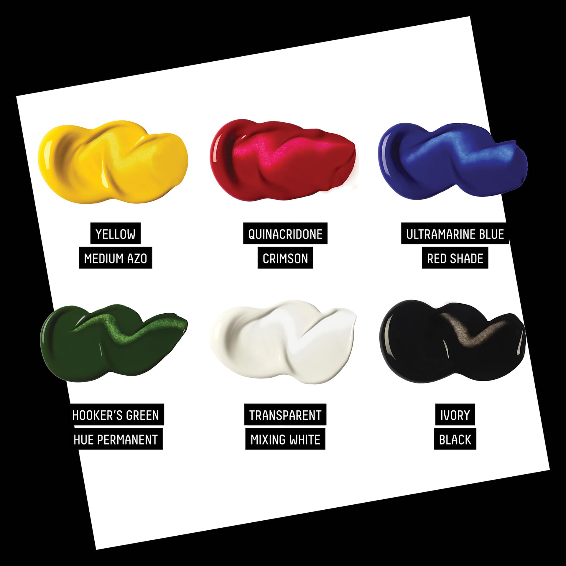 Yellow Medium Azo. Quinacridone Crimson. Ultramarine Blue Red Shade. Hooker's Green Deep Hue Permanent. Transparent Mixing White. Ivory Black.