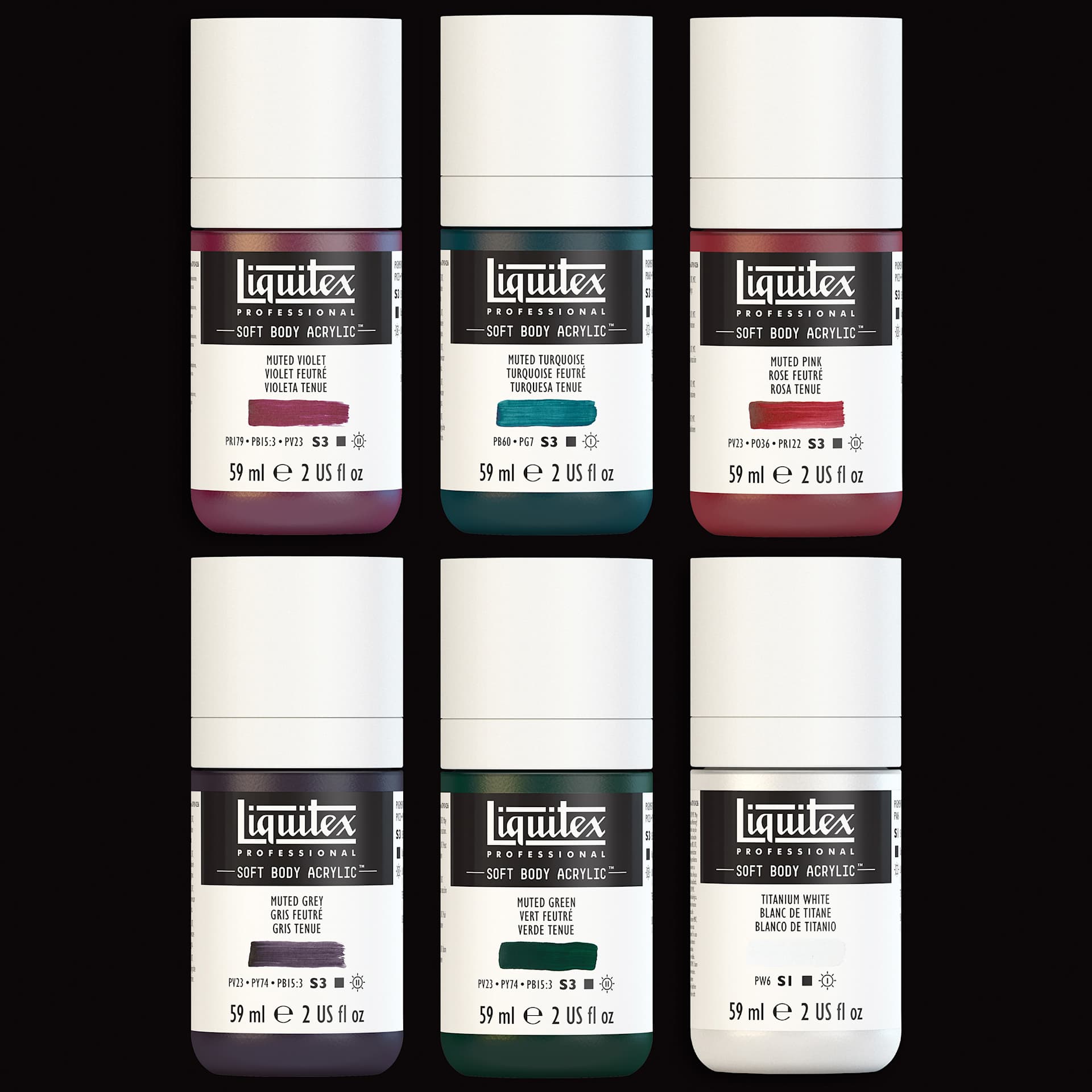 Liquitex Professional Soft Body Acrylics - Set of 6, Muted Colors, 59 ml, contents