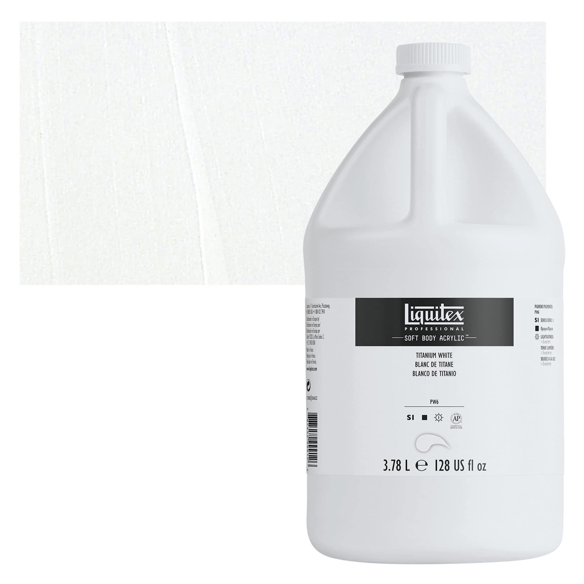 Liquitex Soft Body Artist Acrylic - Titanium White, 3.78 L bottle and swatch