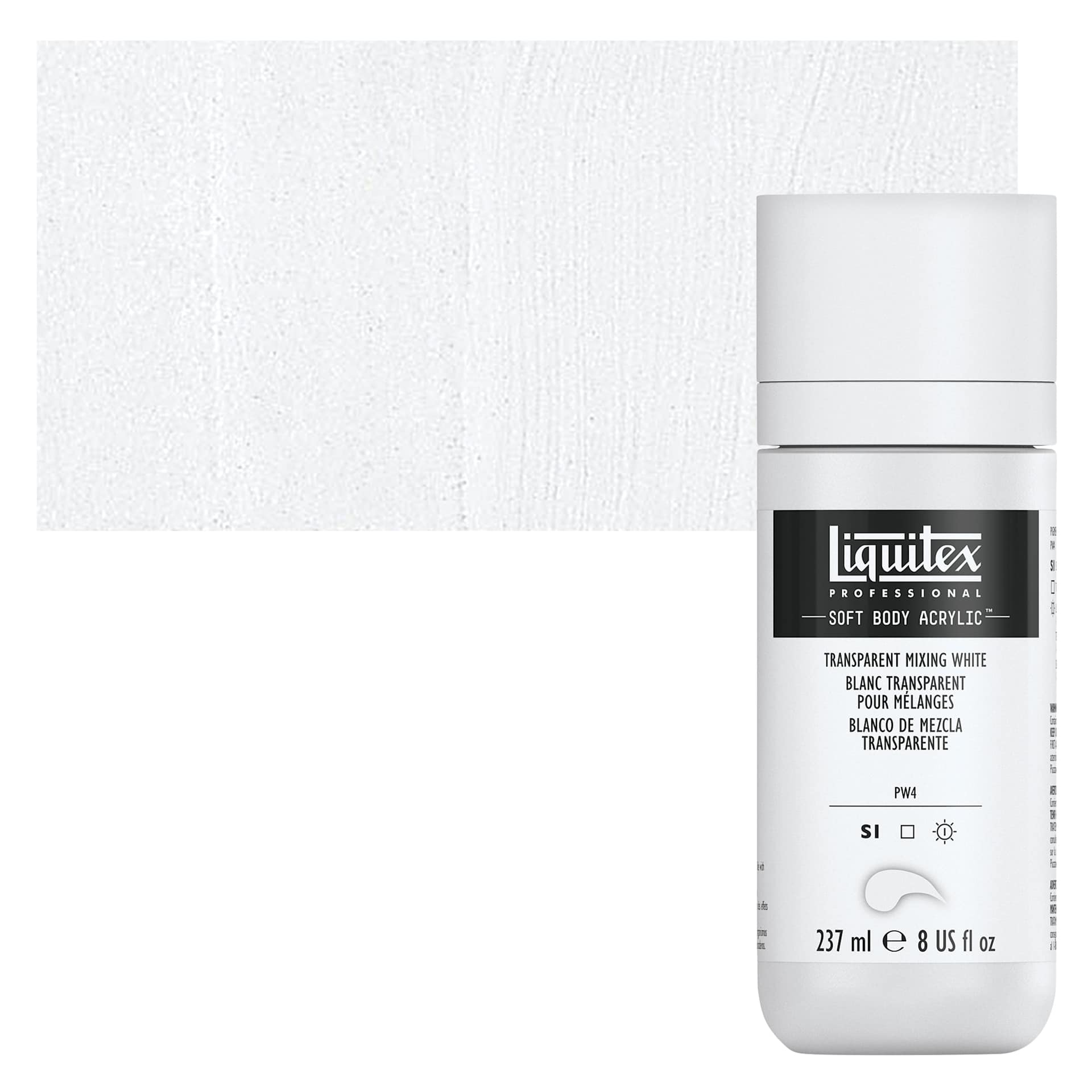Liquitex Soft Body Artist Acrylic - Transparent Mixing White, 237 ml bottle and swatch