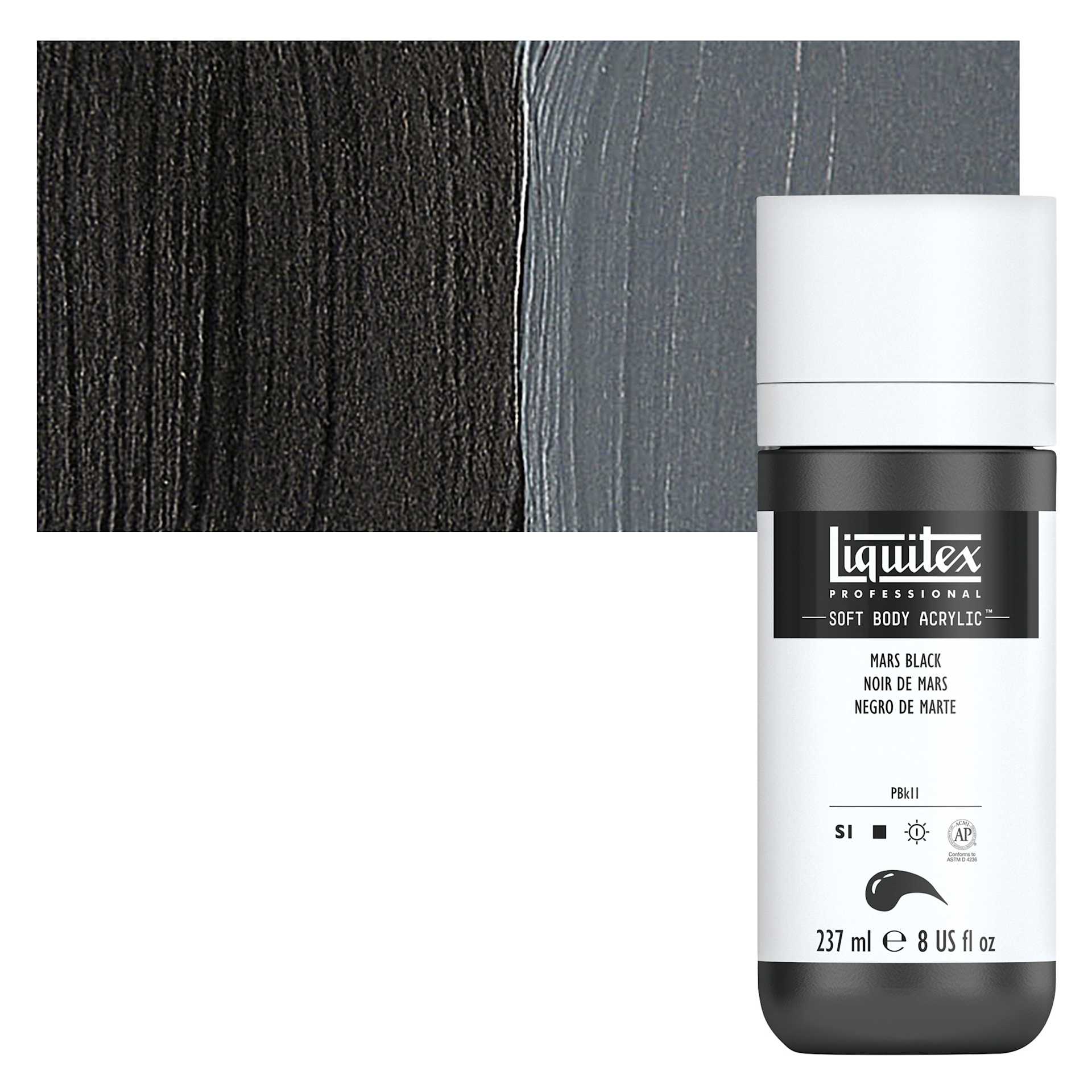 Liquitex Soft Body Artist Acrylic - Mars Black, 237 ml bottle and swatch