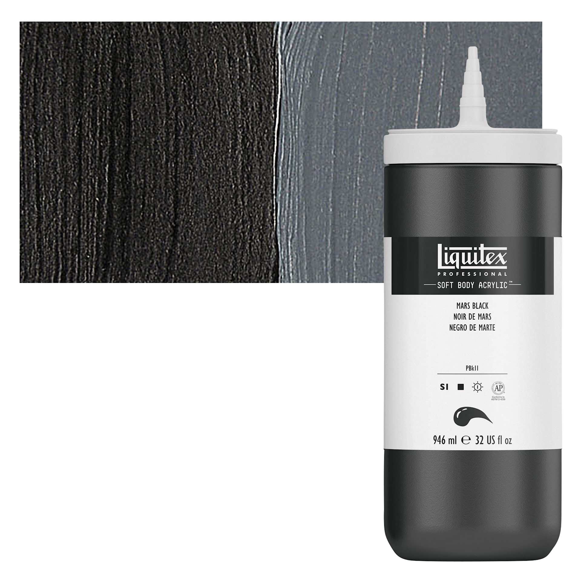 Liquitex Soft Body Artist Acrylic - Mars Black, 946 ml bottle and swatch