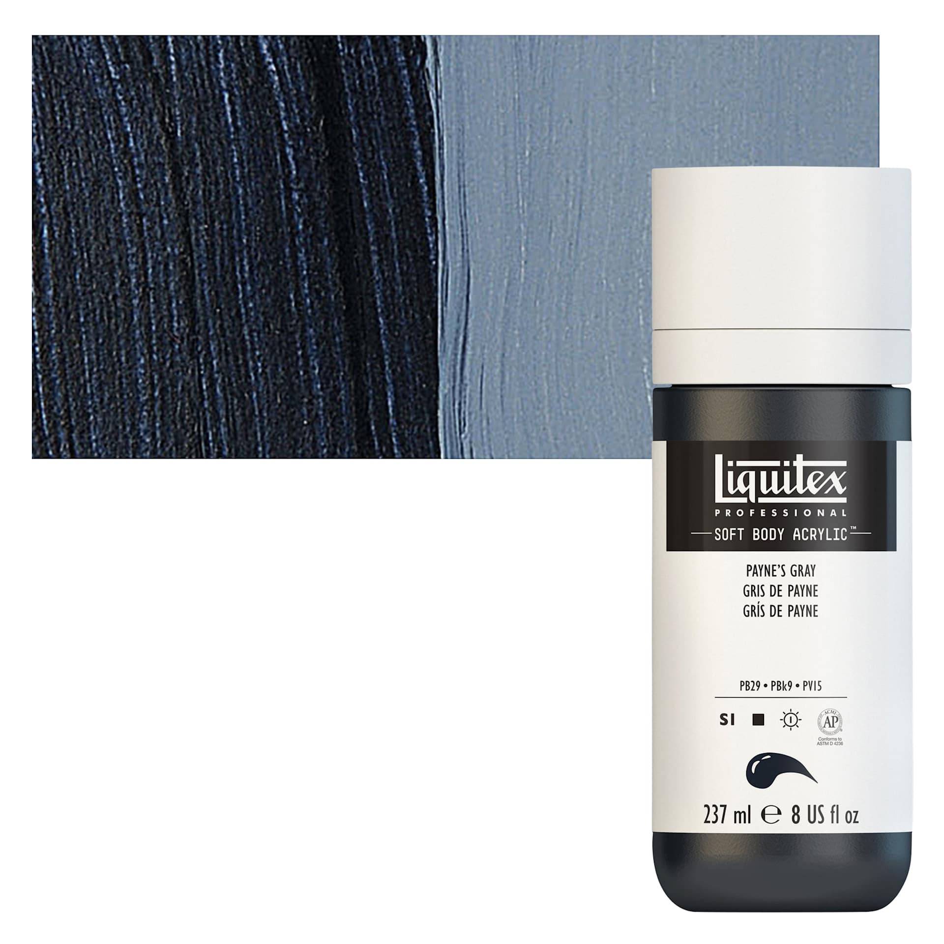 Liquitex Soft Body Artist Acrylic - Payne's Gray, 237 ml bottle and swatch