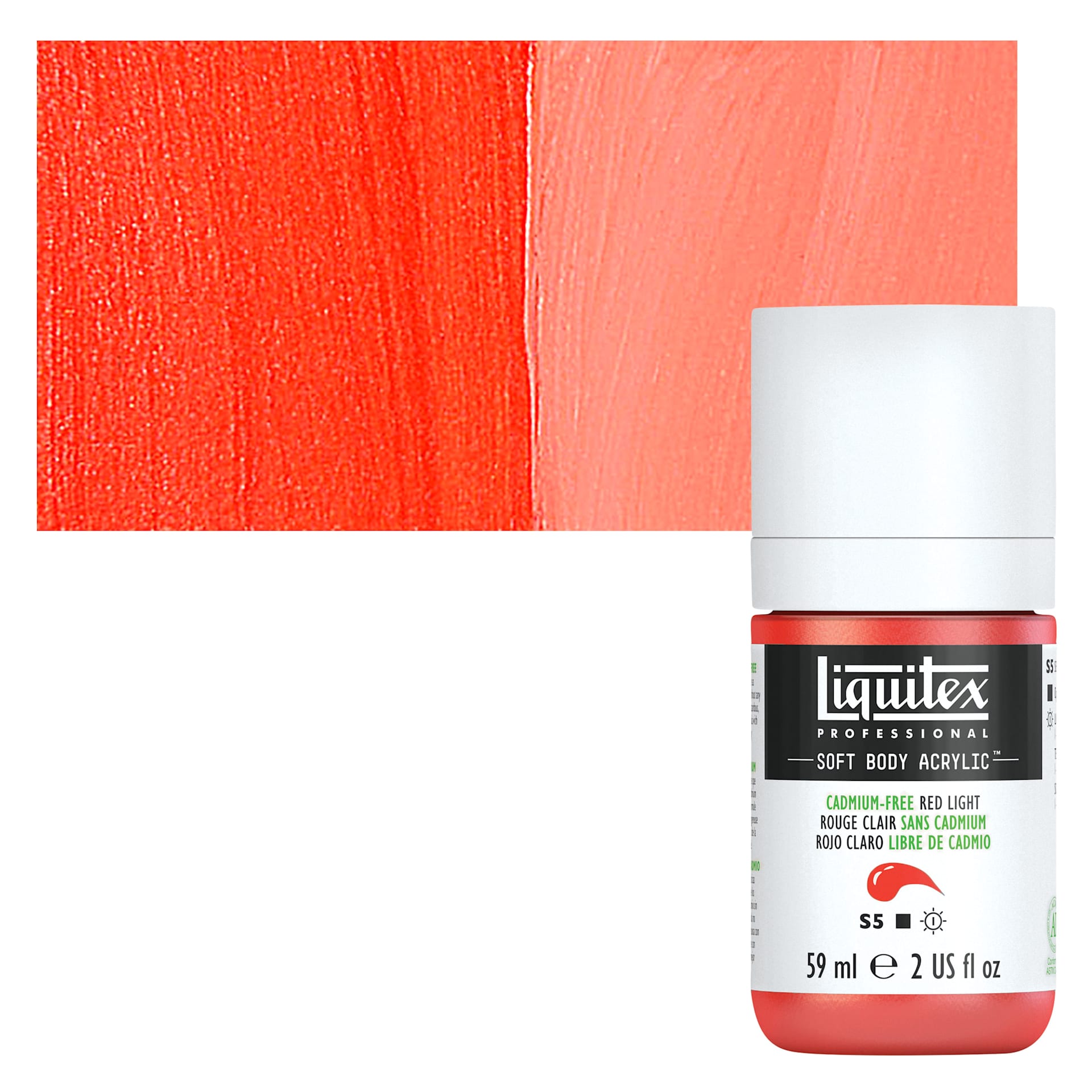 Liquitex Soft Body Artist Acrylic - Cadmium Free Red Light, 59 ml bottle and swatch