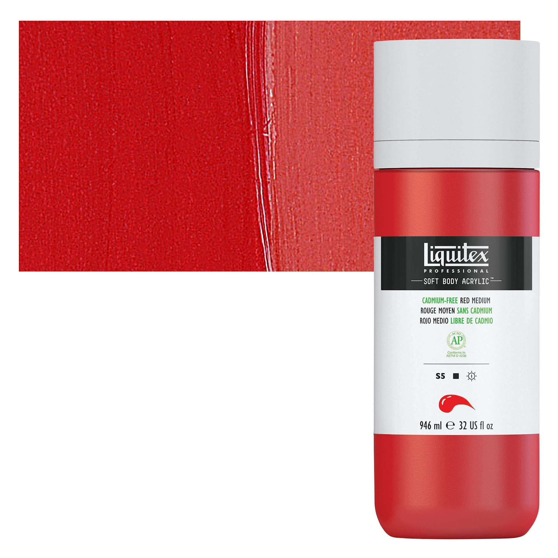 Liquitex Soft Body Artist Acrylic - Cadmium-Free Red Medium, 946 ml bottle and swatch