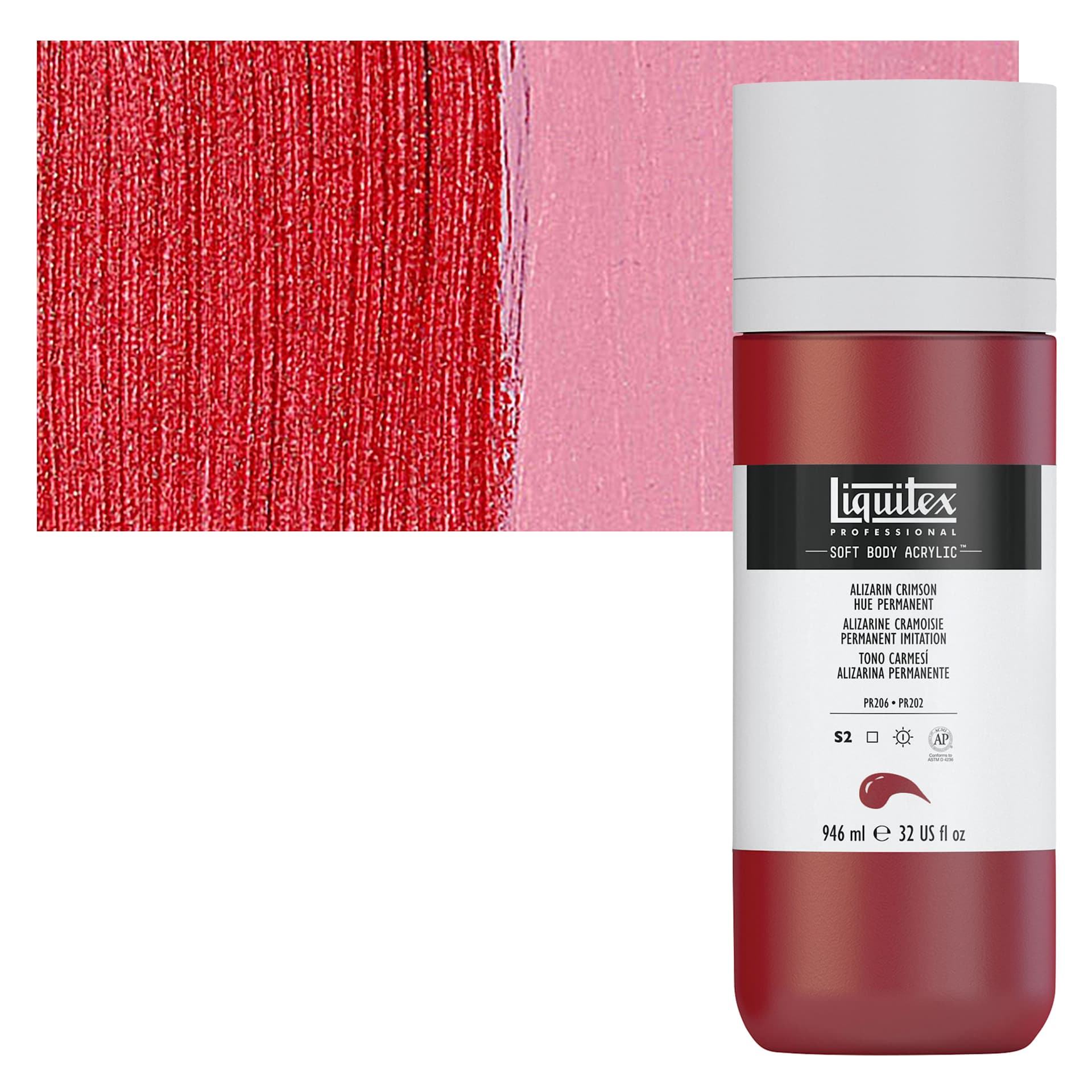 Liquitex Soft Body Artist Acrylic - Alizarin Crimson Hue Permanent, 946 ml bottle and swatch