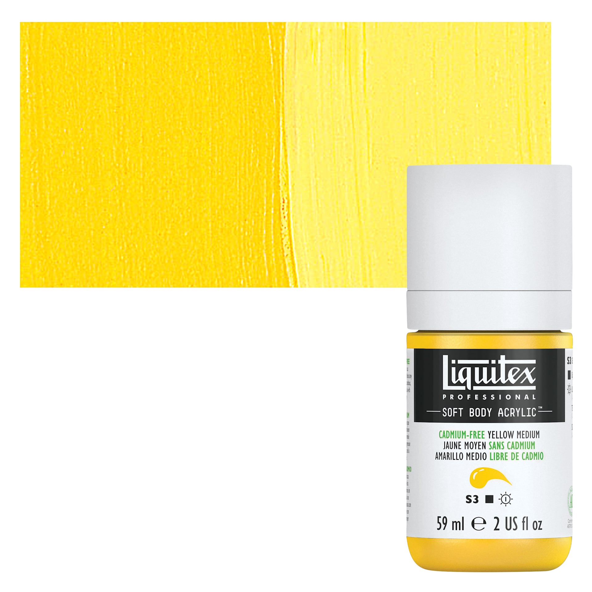 Liquitex Soft Body Artist Acrylic - Cadmium-Free Yellow Medium, 59 ml bottle and swatch