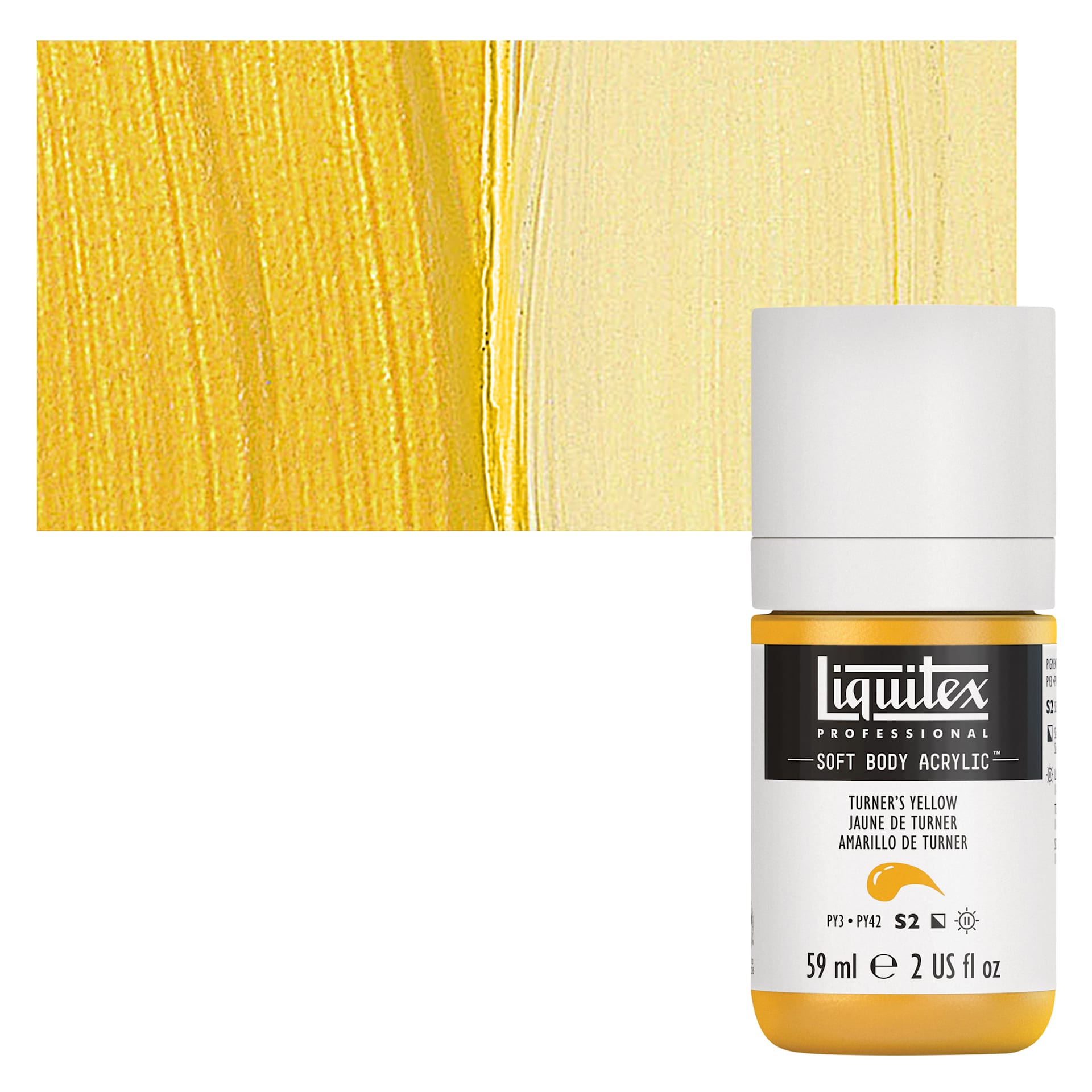 Liquitex Soft Body Artist Acrylic - Turner's Yellow, 59 ml bottle and swatch