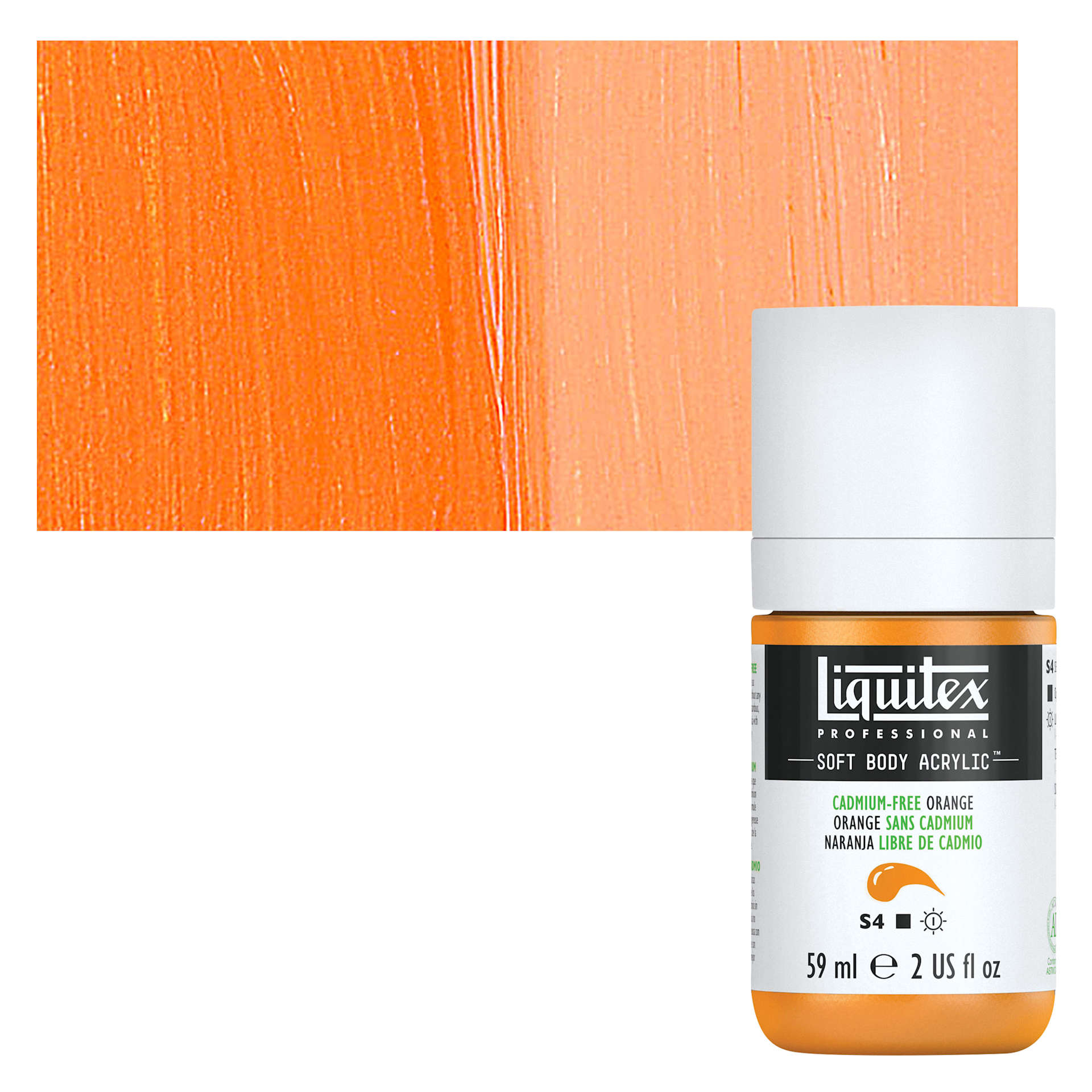 Liquitex Soft Body Artist Acrylic - Cadmium Free Orange, 59 ml bottle and swatch
