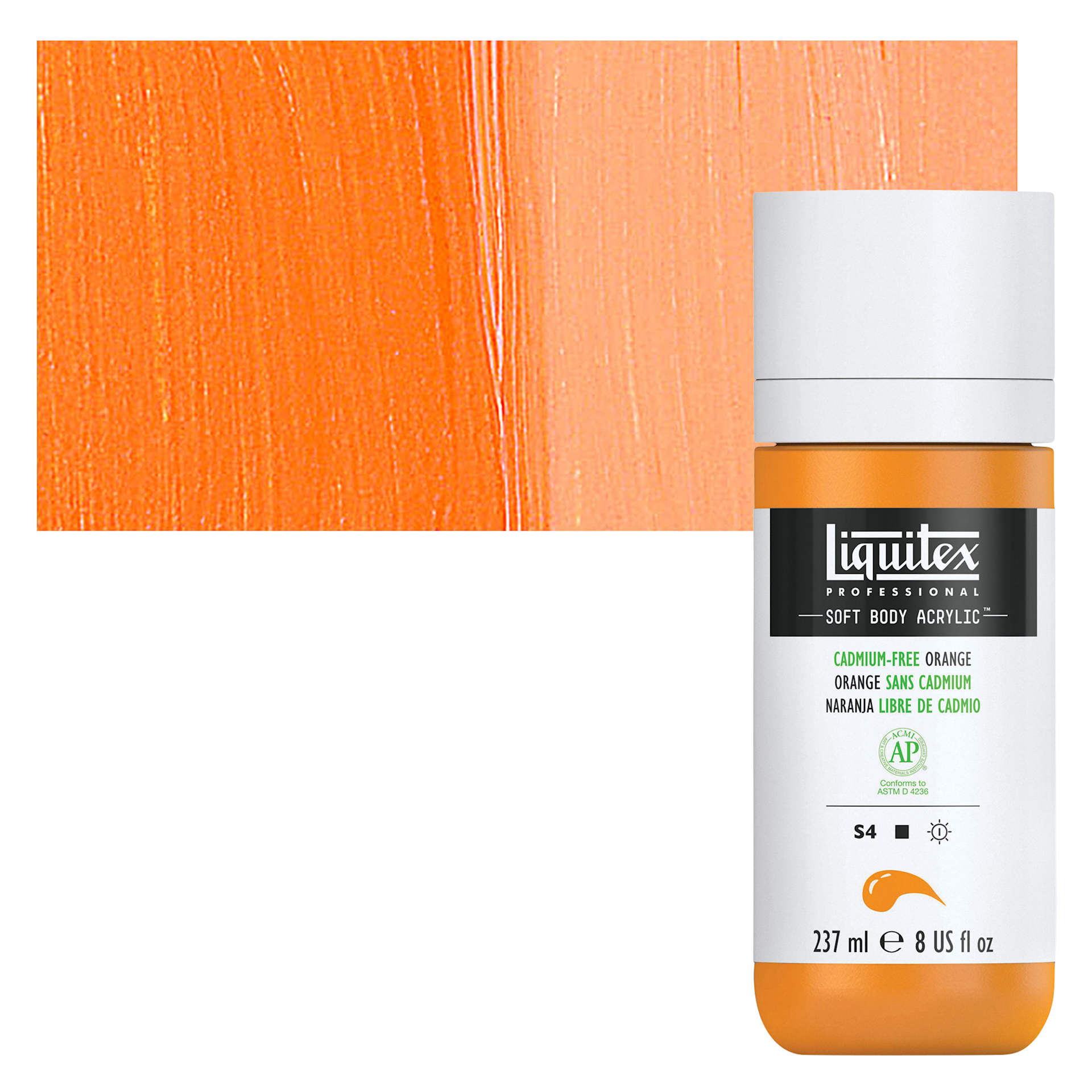 Liquitex Soft Body Artist Acrylic - Cadmium-Free Orange, 237 ml bottle and swatch