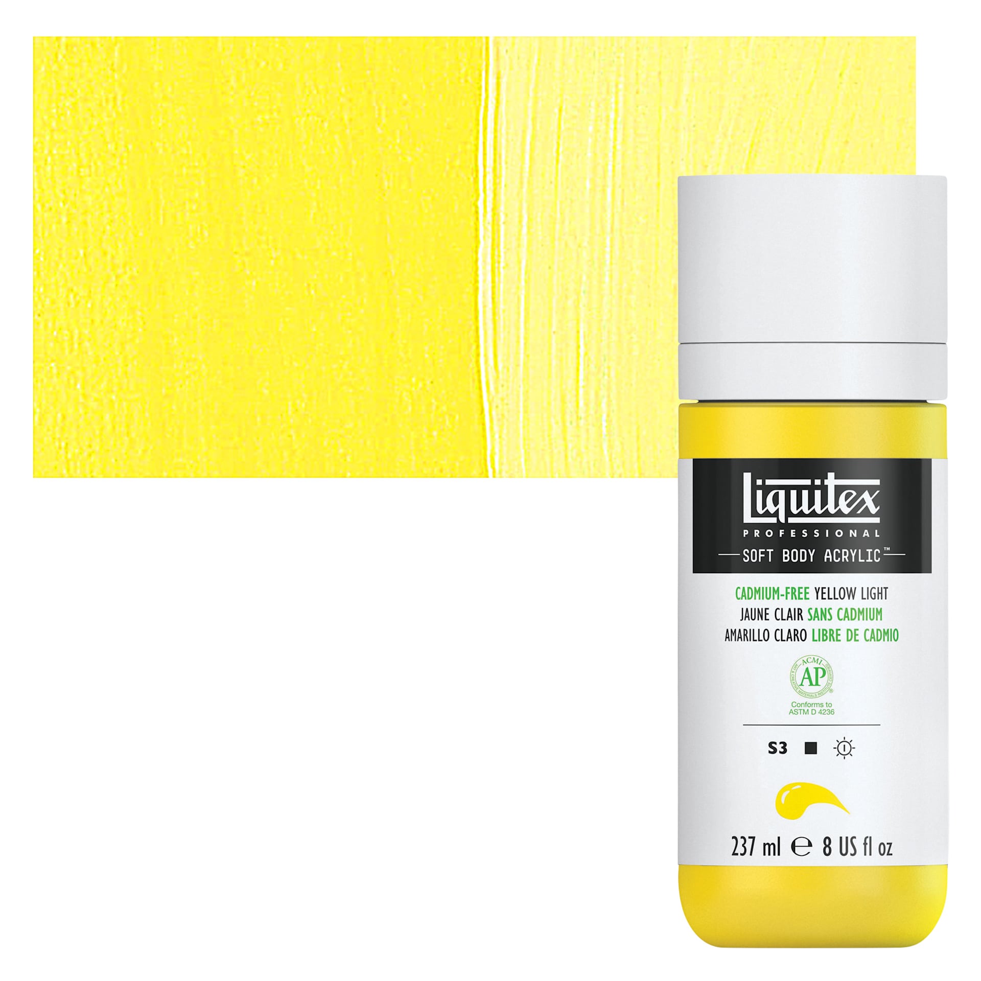 Liquitex Soft Body Artist Acrylic - Cadmium-Free Yellow Light, 237 ml bottle and swatch