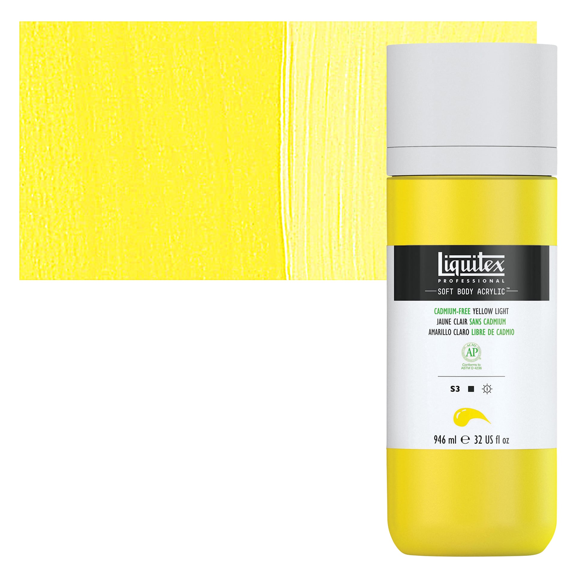 Liquitex Soft Body Artist Acrylic - Cadmium-Free Yellow Light, 946 ml bottle and swatch