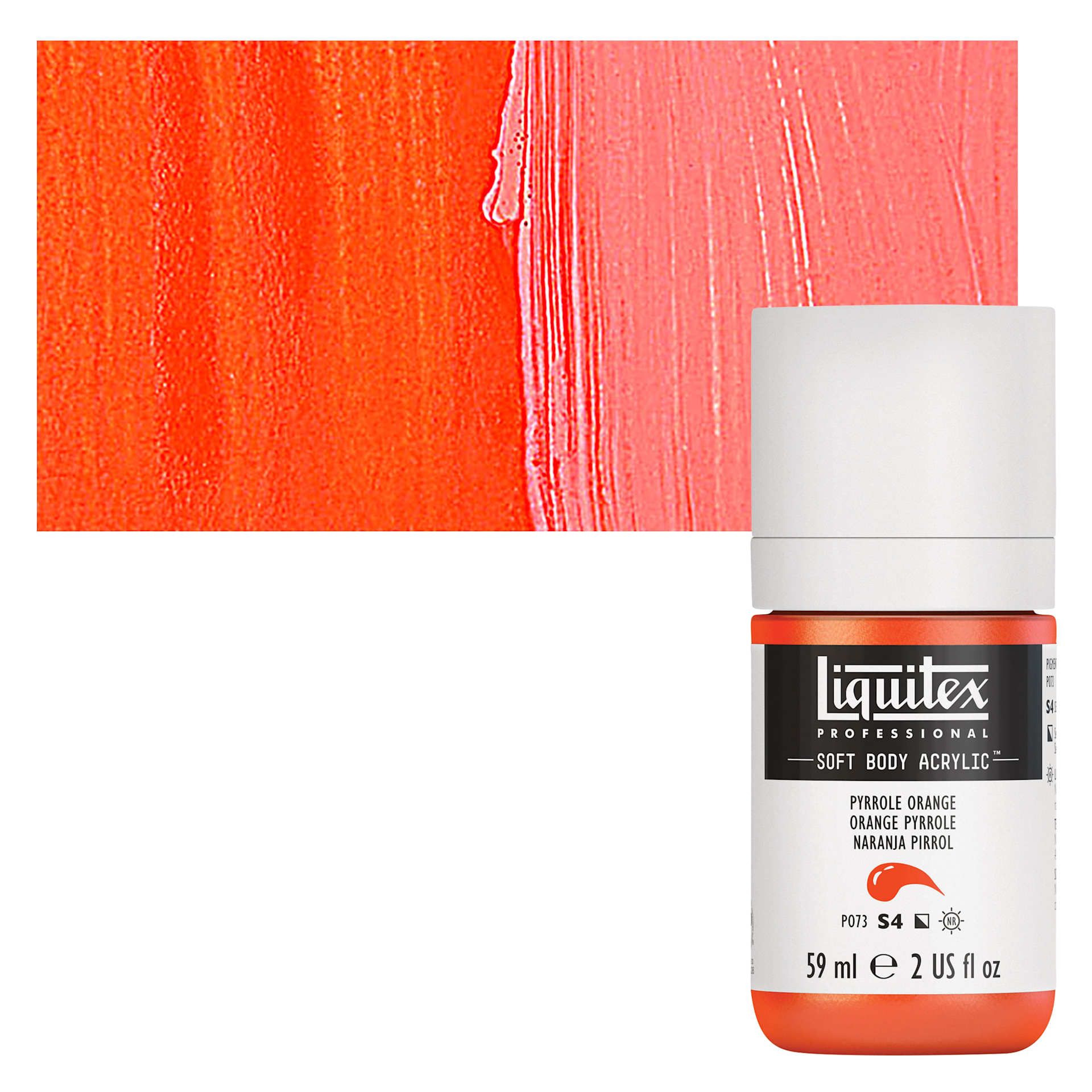 Liquitex Soft Body Artist Acrylic - Pyrrole Orange, 59 ml bottle and swatch