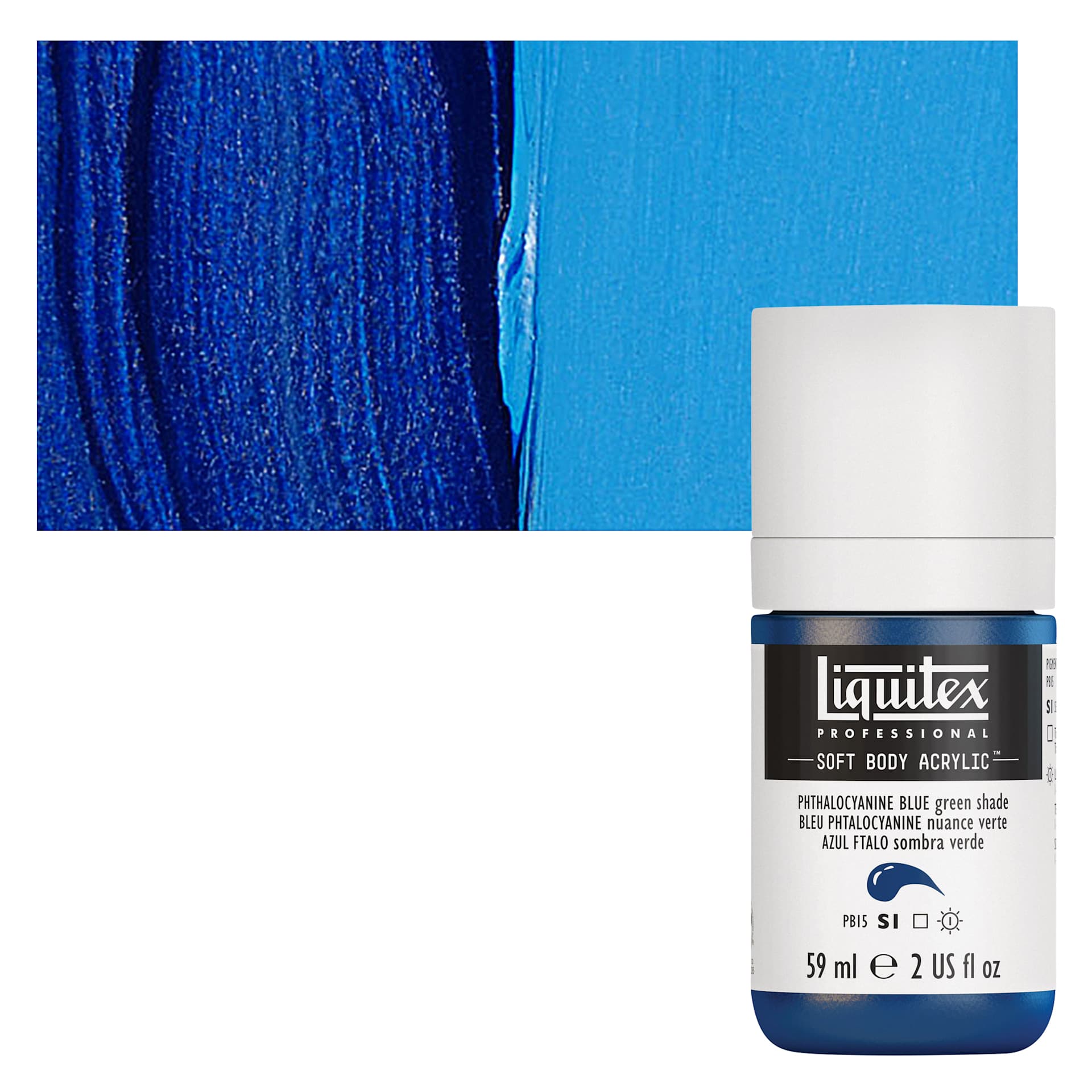Liquitex Soft Body Artist Acrylic - Phthalo Blue (Green Shade), 59 ml bottle and swatch