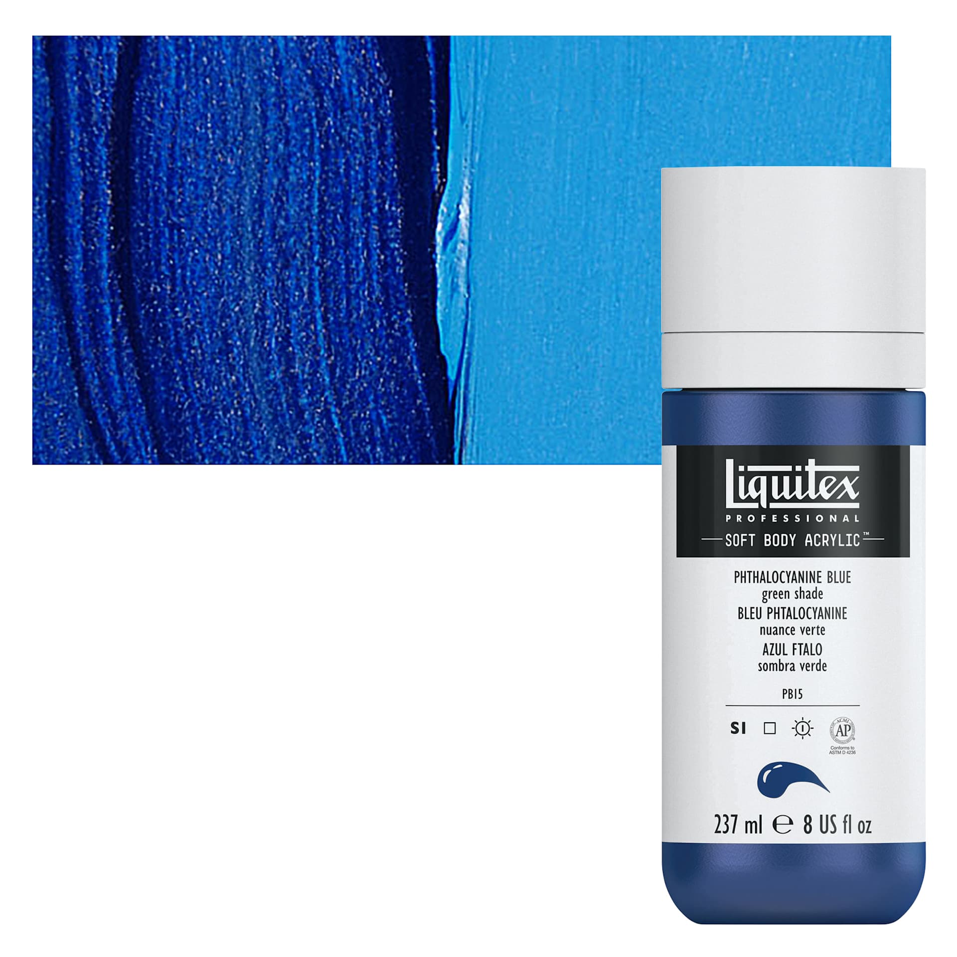 Liquitex Soft Body Artist Acrylic - Phthalo Blue Green Shade, 237 ml bottle and swatch