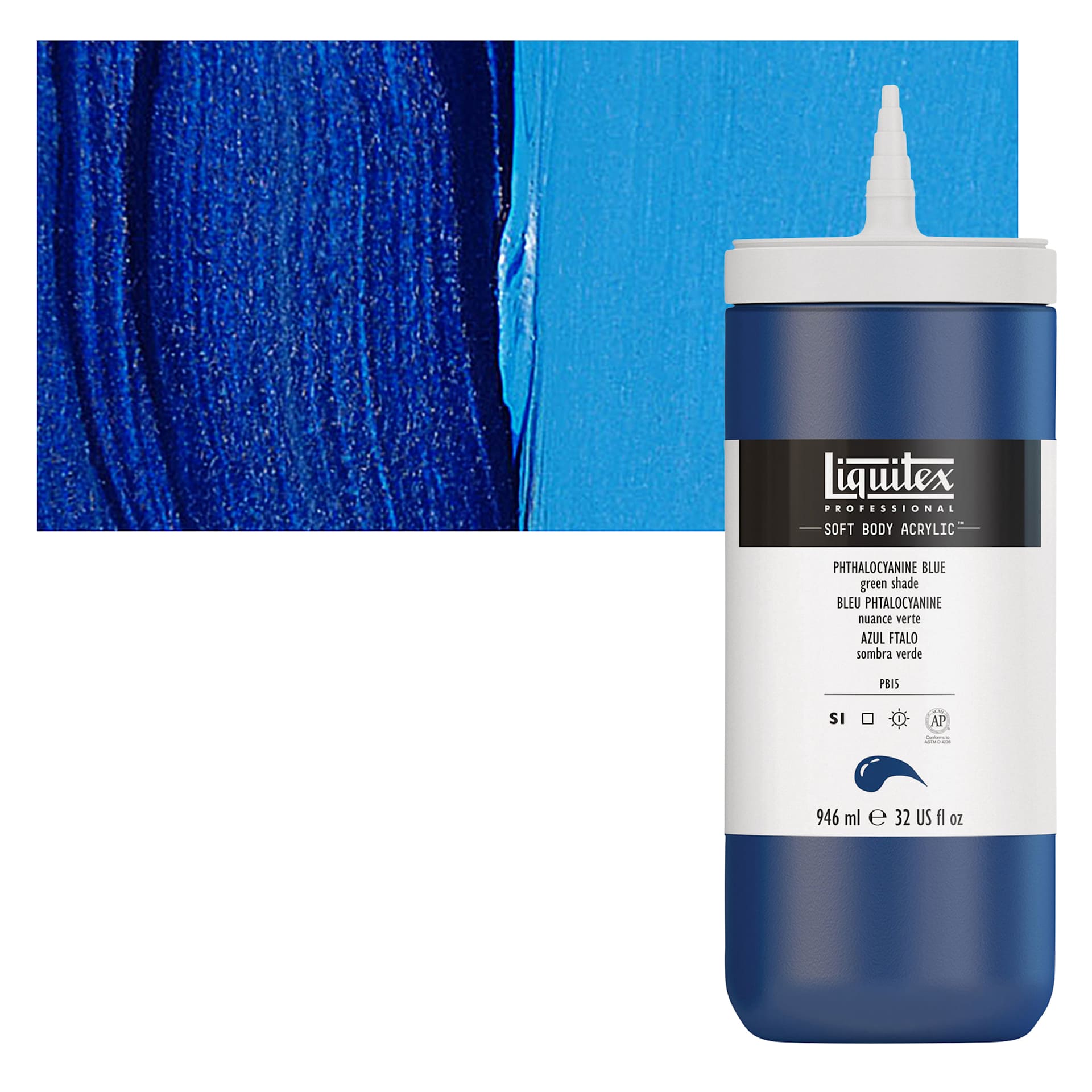 Liquitex Soft Body Artist Acrylic - Phthalo Blue Green Shade, 946 ml bottle and swatch