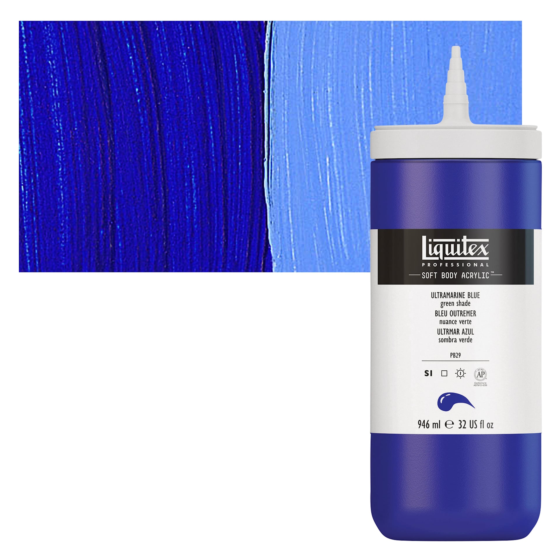 Liquitex Soft Body Artist Acrylic - Ultramarine Blue Green Shade, 946 ml bottle and swatch