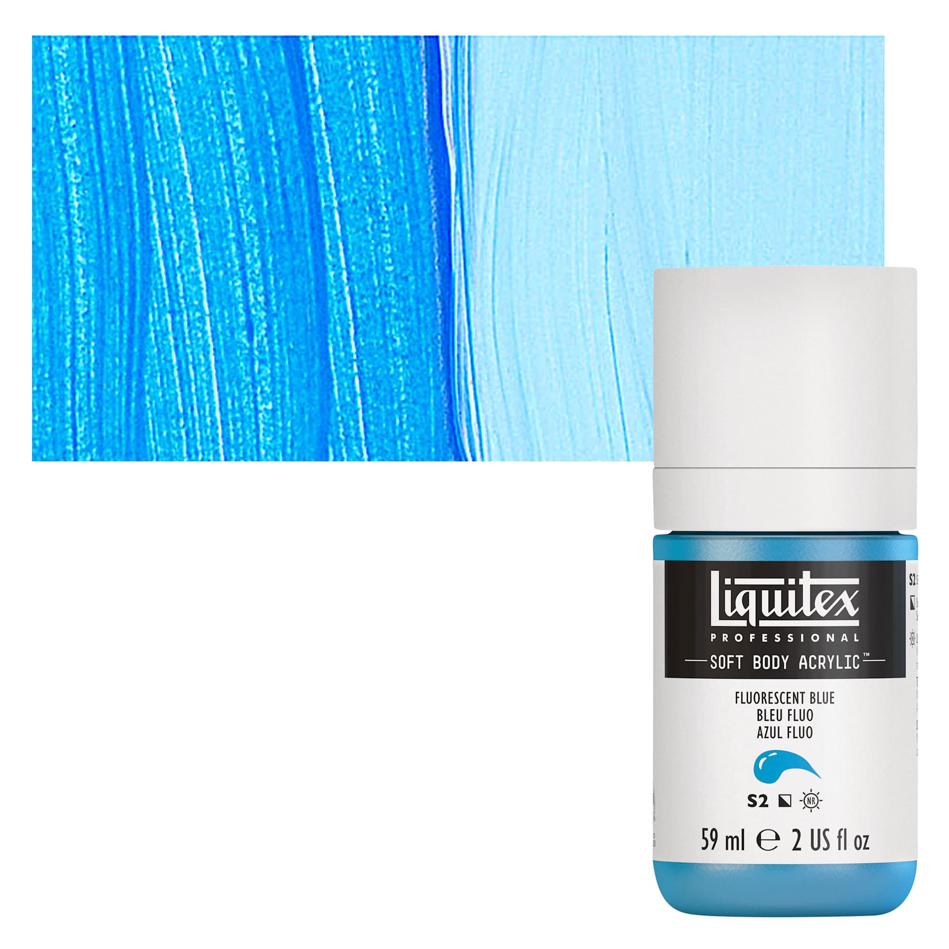 Liquitex Soft Body Artist Acrylic - Fluorescent Blue, 59 ml bottle and swatch