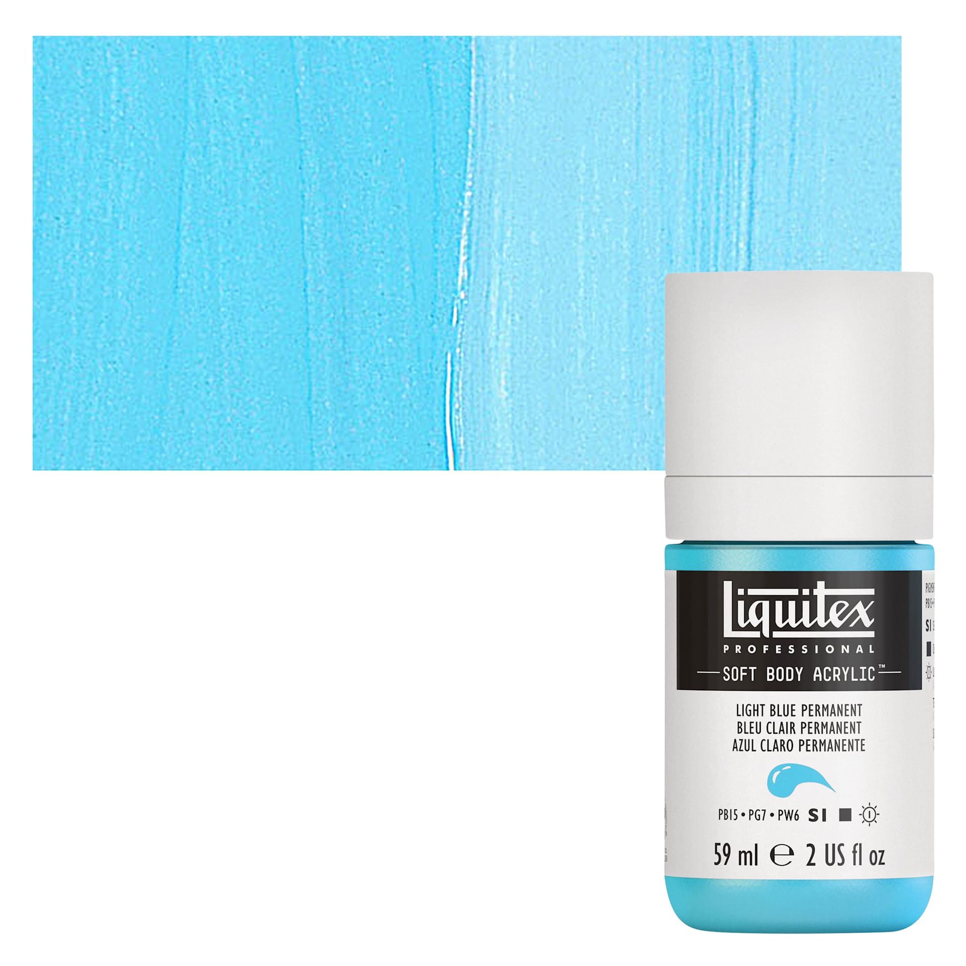 Liquitex Soft Body Artist Acrylic - Light Blue Permanent, 59 ml bottle and swatch
