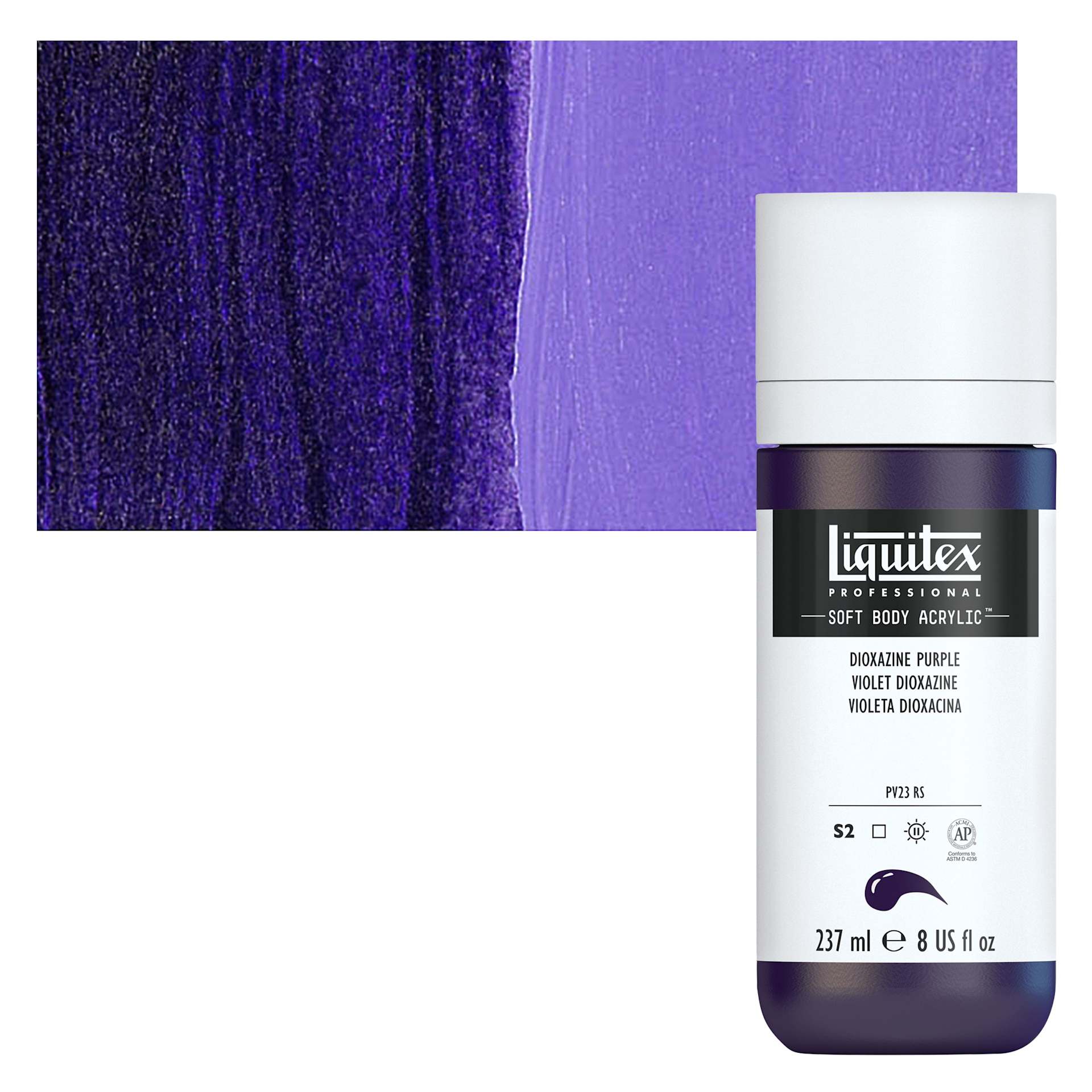 Liquitex Soft Body Artist Acrylic - Dioxazine Purple, 237 ml bottle and swatch