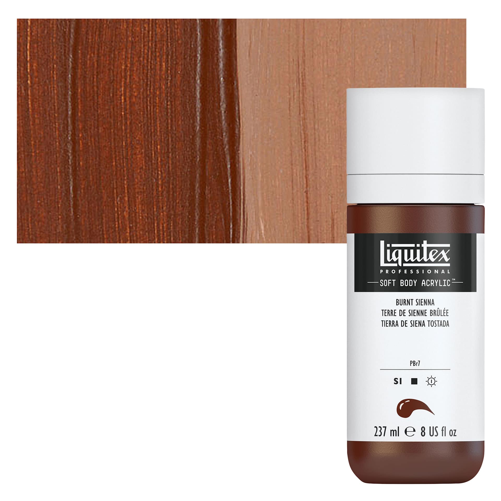 Liquitex Soft Body Artist Acrylis - Burnt Sienna, 237 ml bottle and swatch