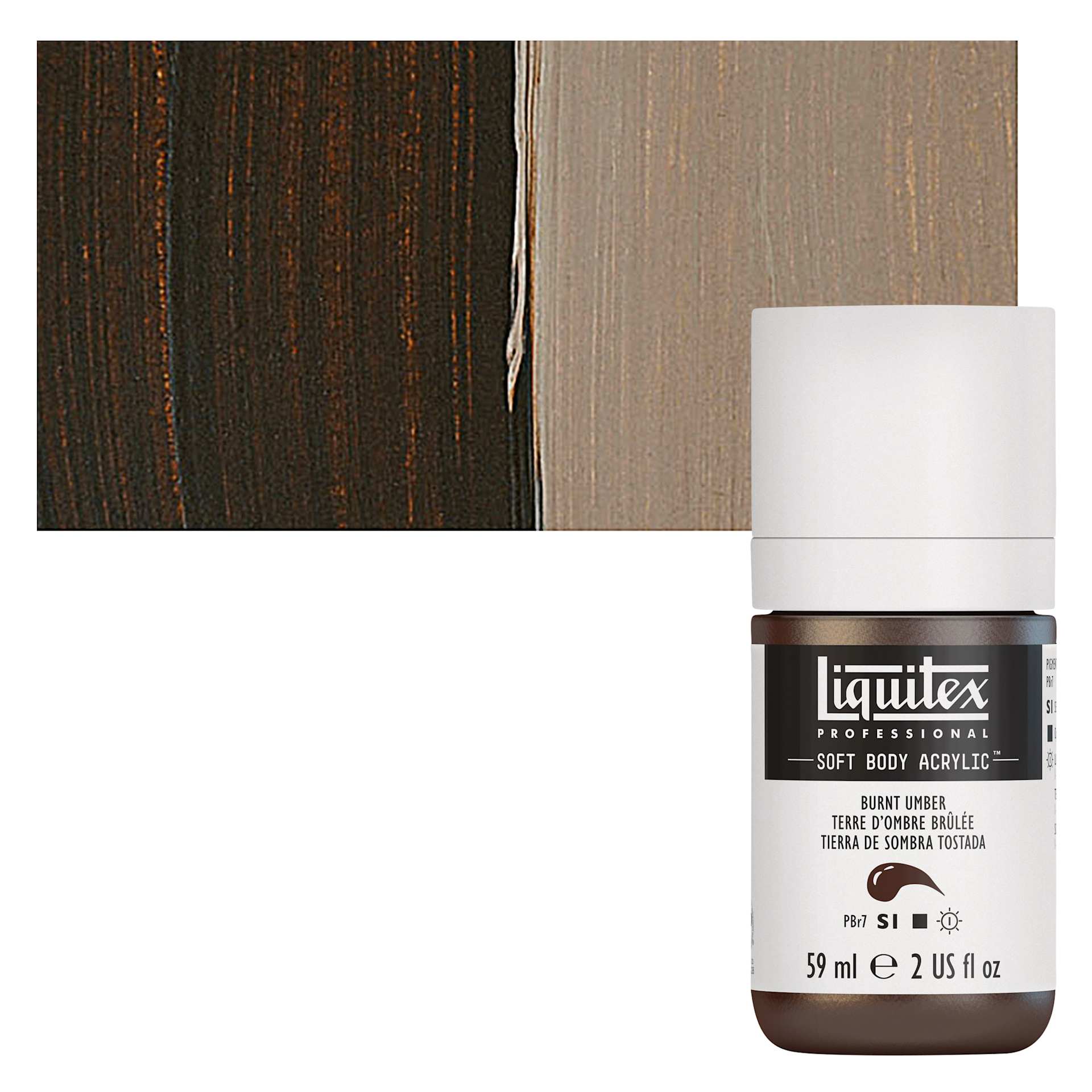 Liquitex Soft Body Artist Acrylic - Burnt Umber, 59 ml bottle and swatch