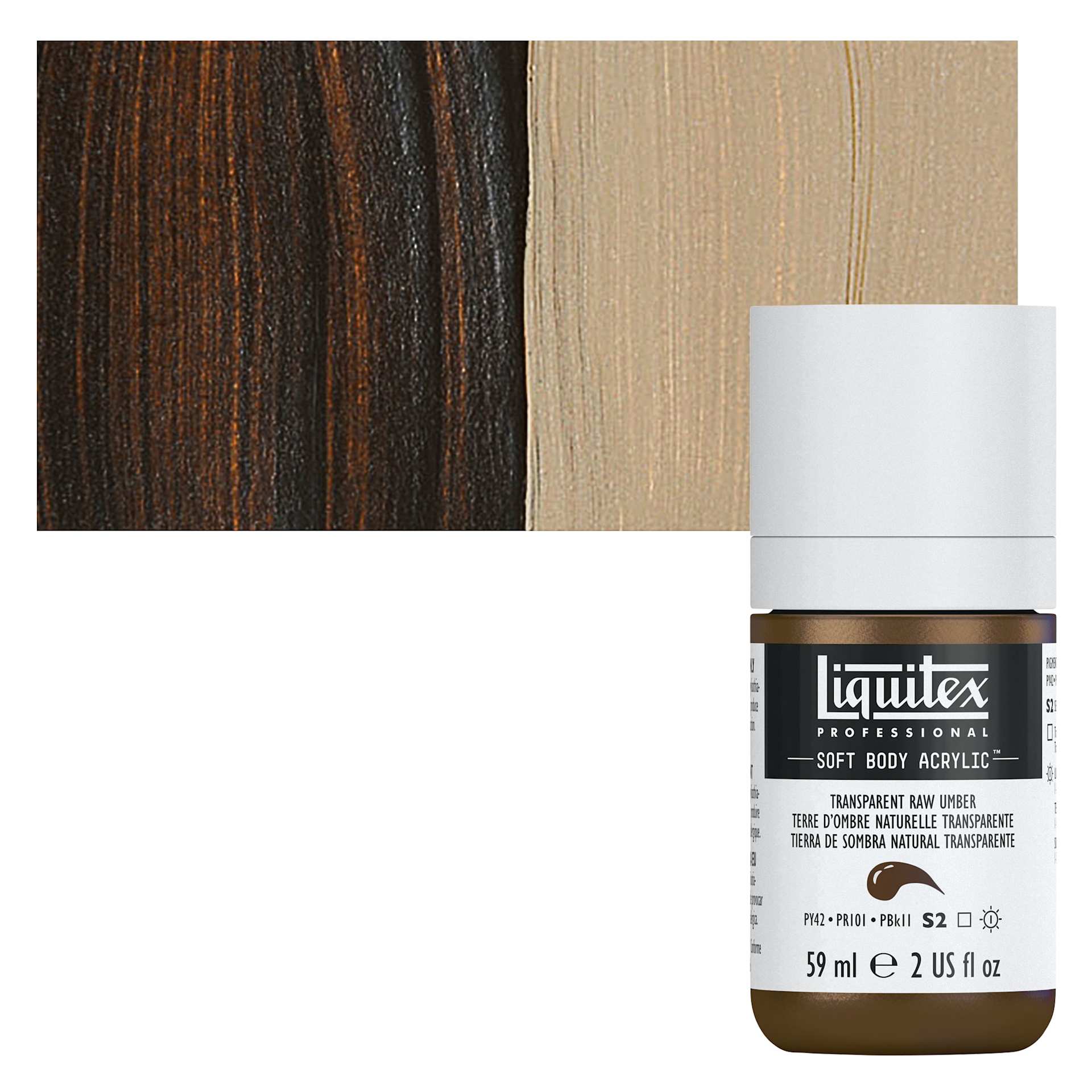 Liquitex Soft Body Artist Acrylic - Transparent Raw Umber, 2 oz bottle and swatch