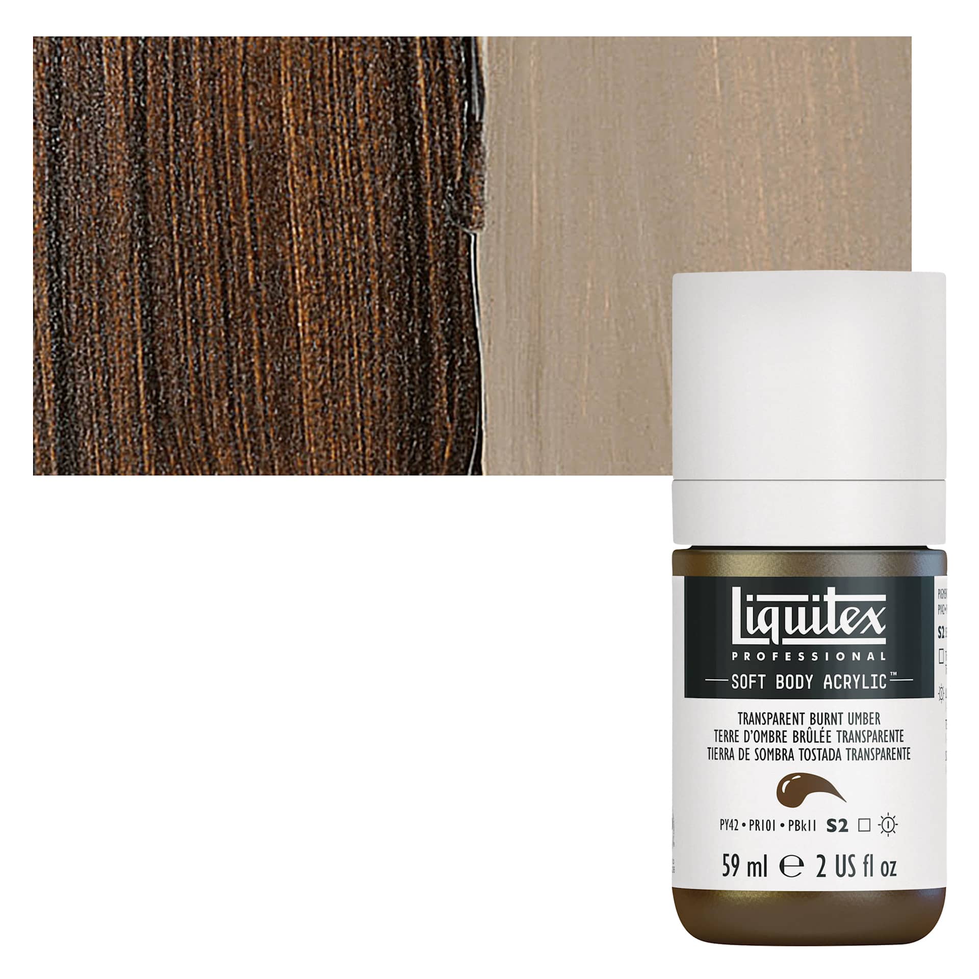 Liquitex Soft Body Artist Acrylic - Transparent Burnt Umber, 59 ml bottle and swatch