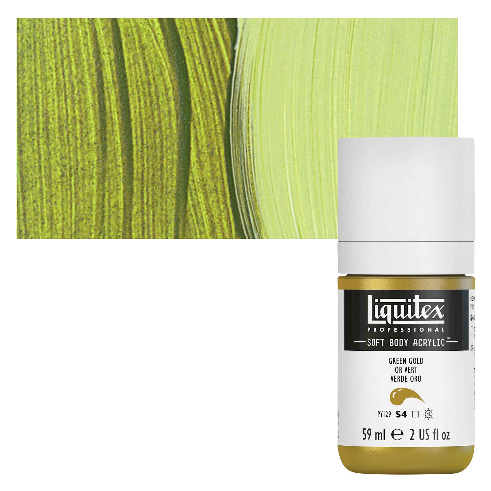 Liquitex Soft Body Artist Acrylic - Green Gold, 59 ml bottle and swatch
