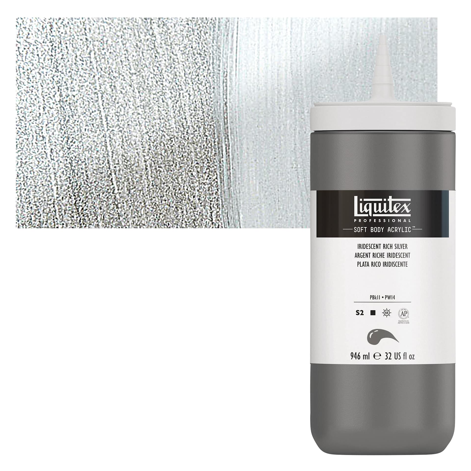 Liquitex Soft Body Artist Acrylic - Iridescent Rich Silver, 946 ml and swatch