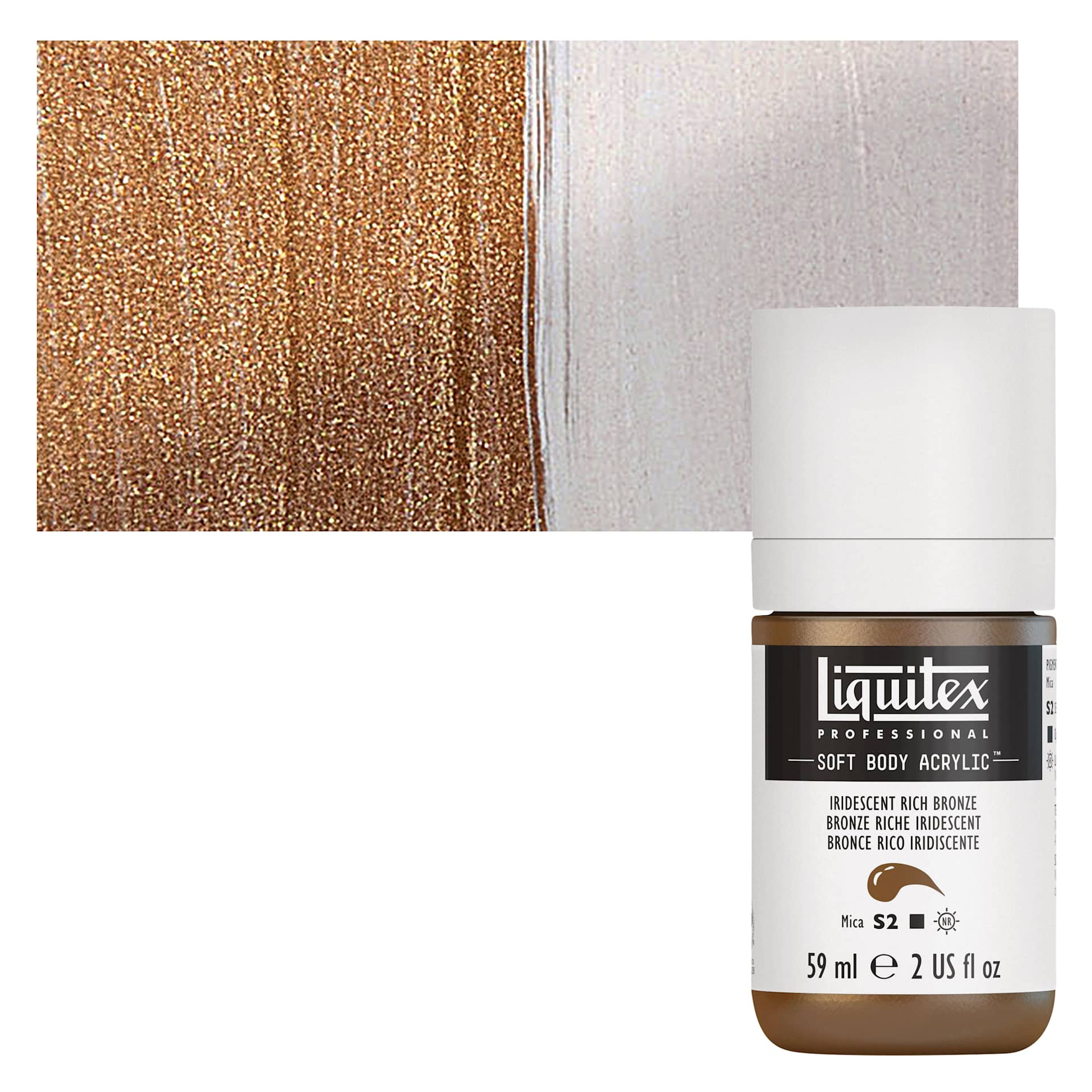 Liquitex Soft Body Artist Acrylic - Iridescent Rich Bronze, 59 ml bottle and swatch