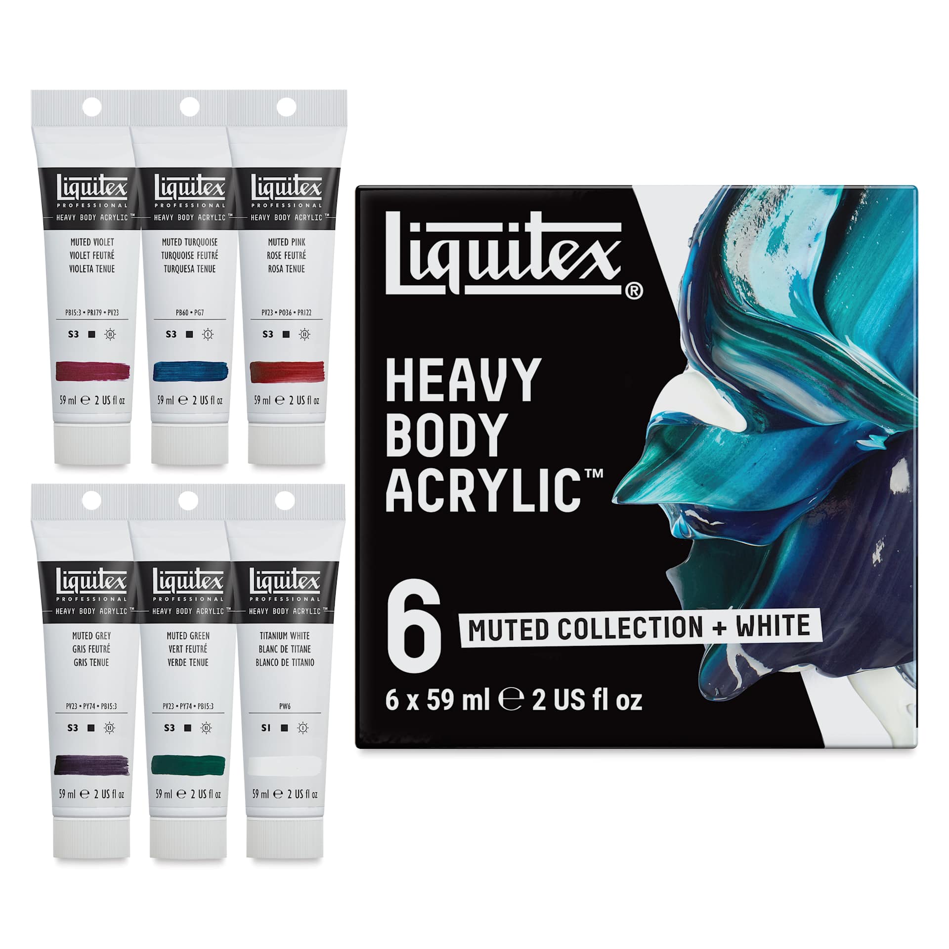 Liquitex Professional Heavy Body Acrylics - Set of 6, Muted Colors, 59 ml, contents and packaging
