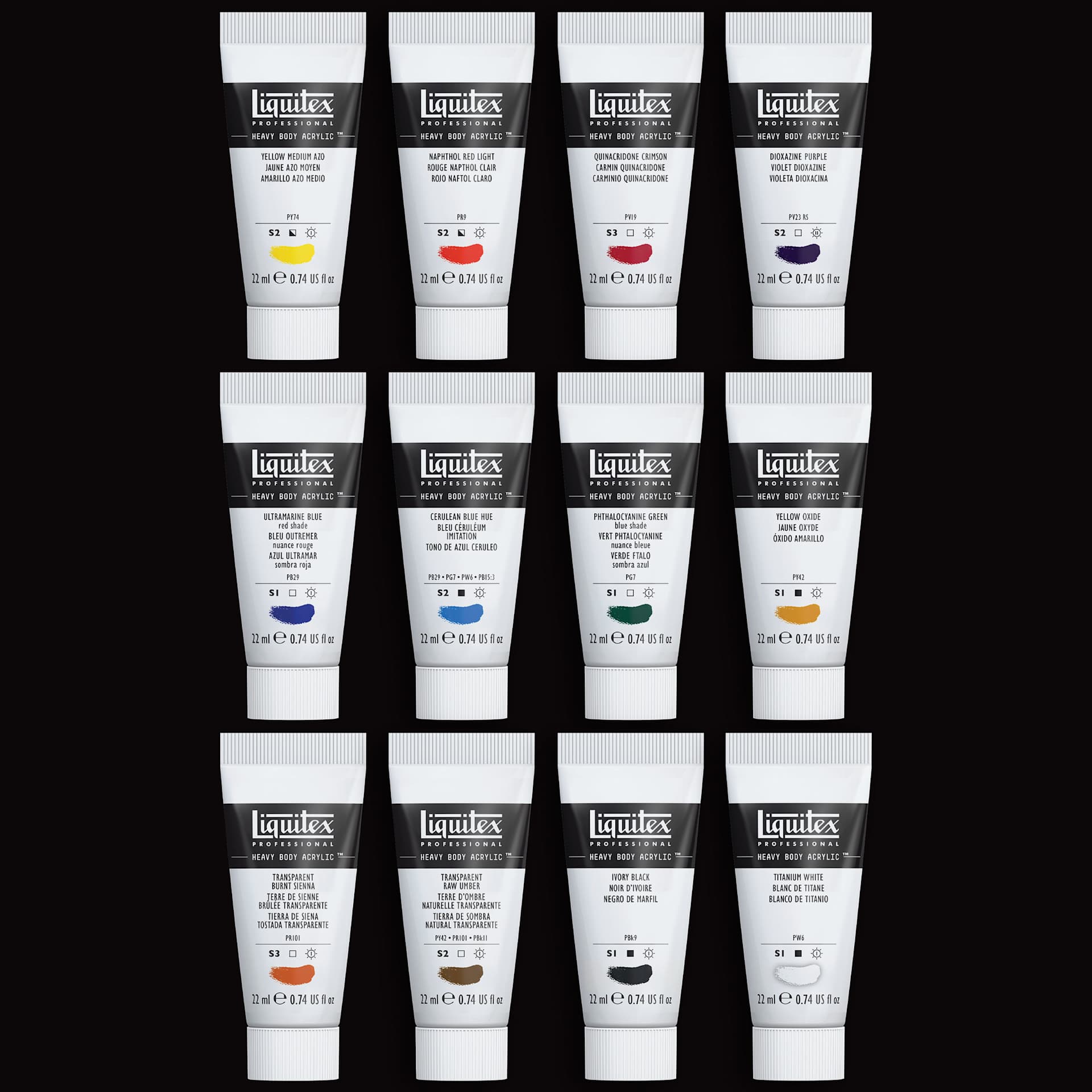 Liquitex Professional Heavy Body Acrylics - Set of 12, Essential Colors, 22 ml, contents