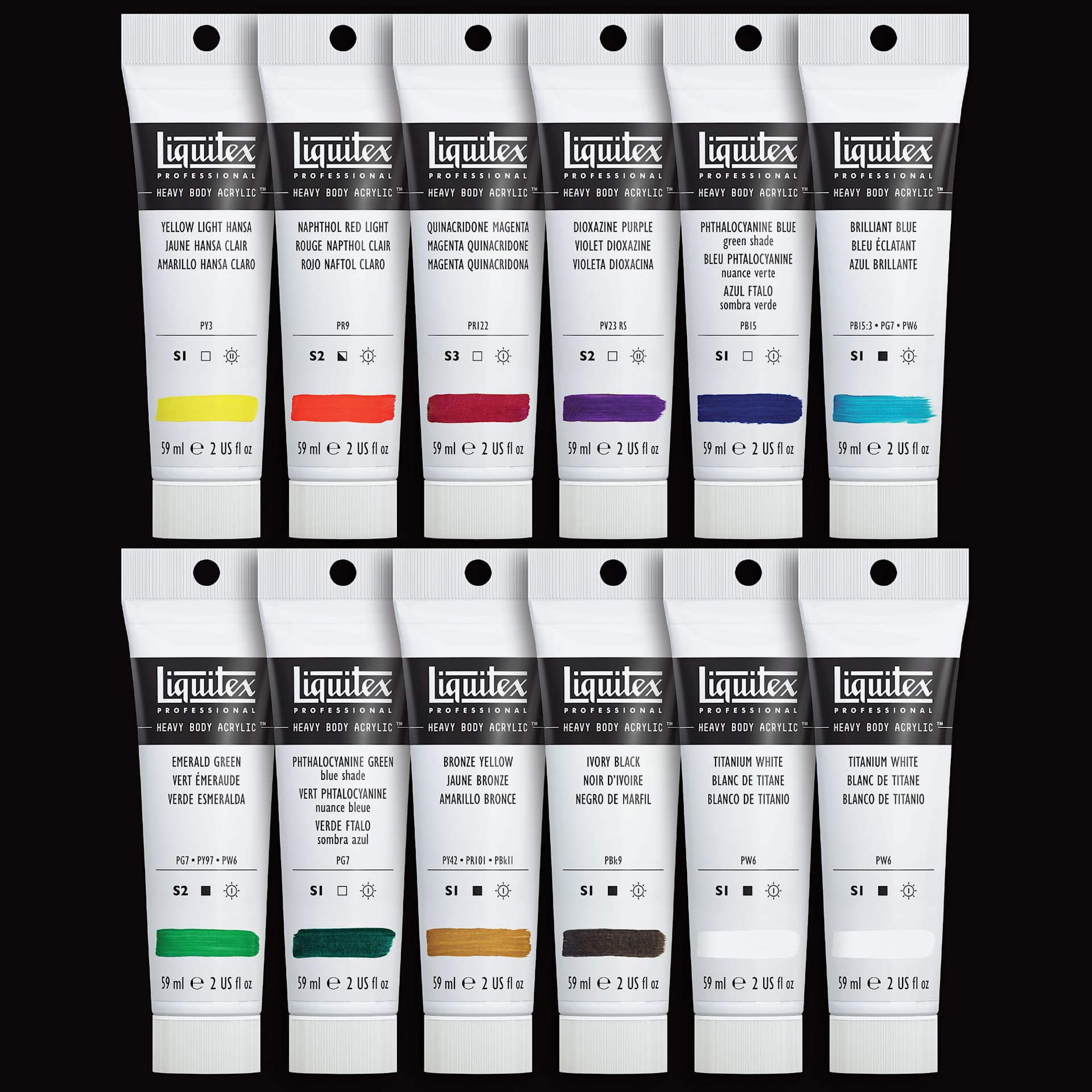 Liquitex Professional Heavy Body Acrylics - Set of 12, Classic Colors, 59 ml, set contents