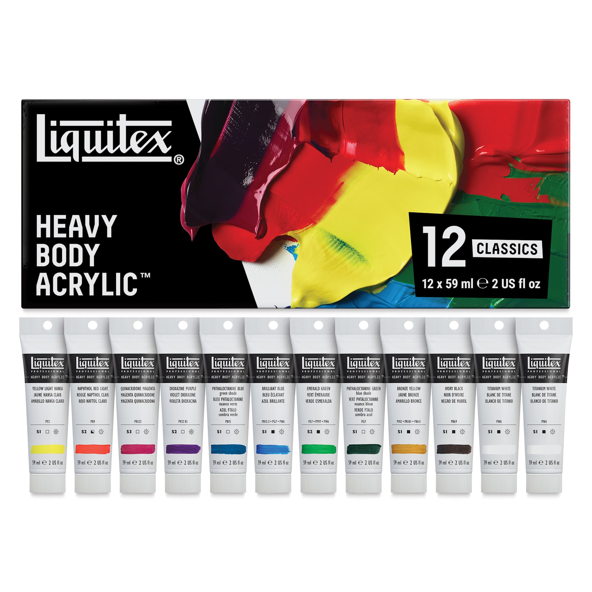 Liquitex Professional Heavy Body Acrylics - Set of 12, Classic Colors, 59 ml, contents and packaging